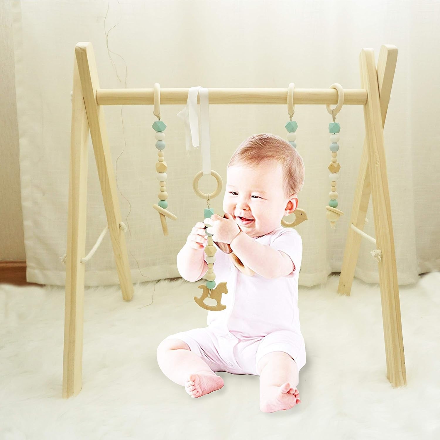 Baby Play Gym, Wooden Baby Gym with 4 Infant Toys, Foldable Wood Gyms Frame Hanging Bar for Toddler, Newborn, Baby Girls and Boys Shower Gift Play Toys