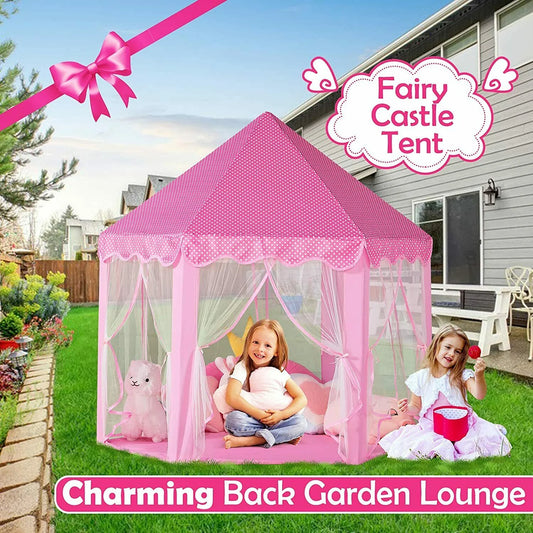 Play Tents for Girls, Kids Play Tent with LED Lights, Large Size 55" X 53" Pink Hexagon Kids Playhouses Indoor & Outdoor