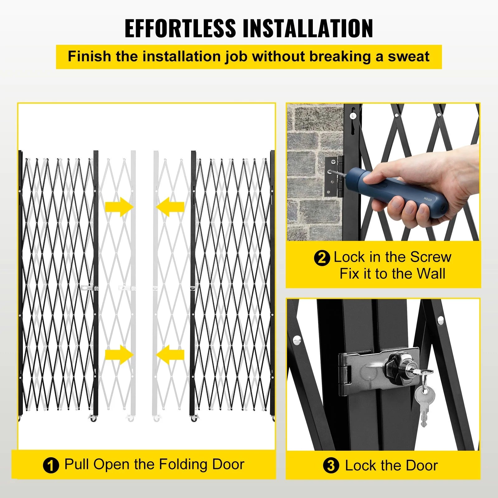 VEVOR Double Folding Security Gate, 7.1' H X 12.5' W Folding Door Gate, Steel Accordion Security Gate, Flexible Expanding Security Gate, 360¡Ã Rolling Barricade Gate, Scissor Gate or Door with Keys
