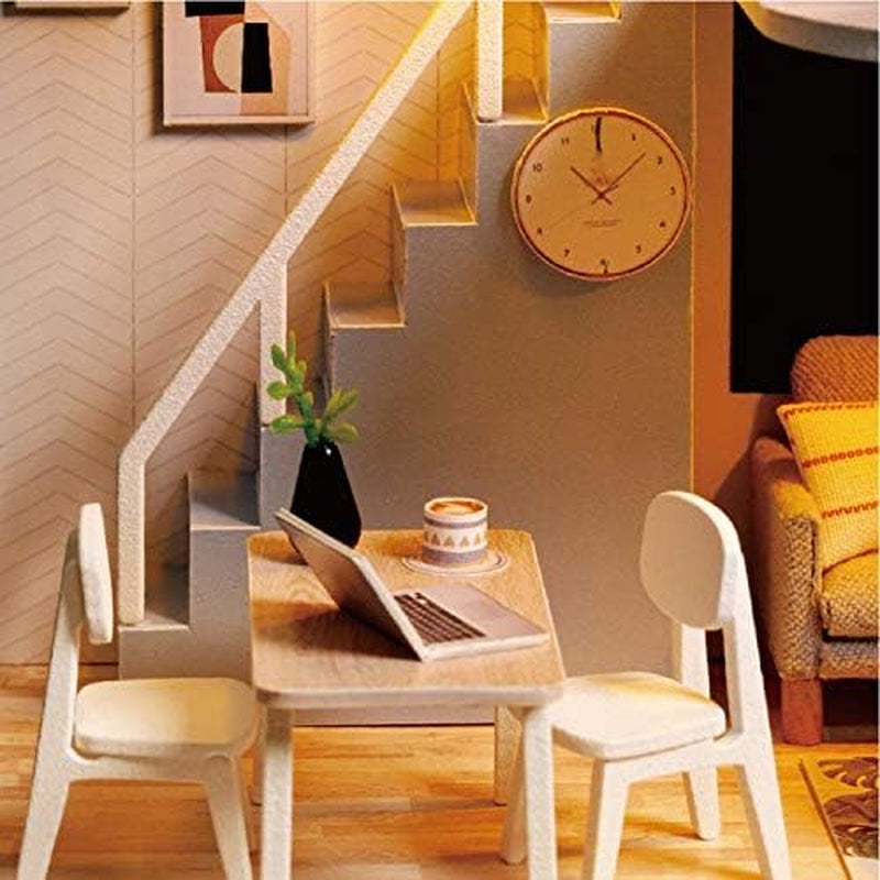 DIY Doll Room Miniature Furniture Wooden House Kit - Wooden Dolls House Kit with Dust Cover and Accessories - QL Nordic Apartment Dollhouse (Meet Happiness) - Idea Suitable Room (QL002)
