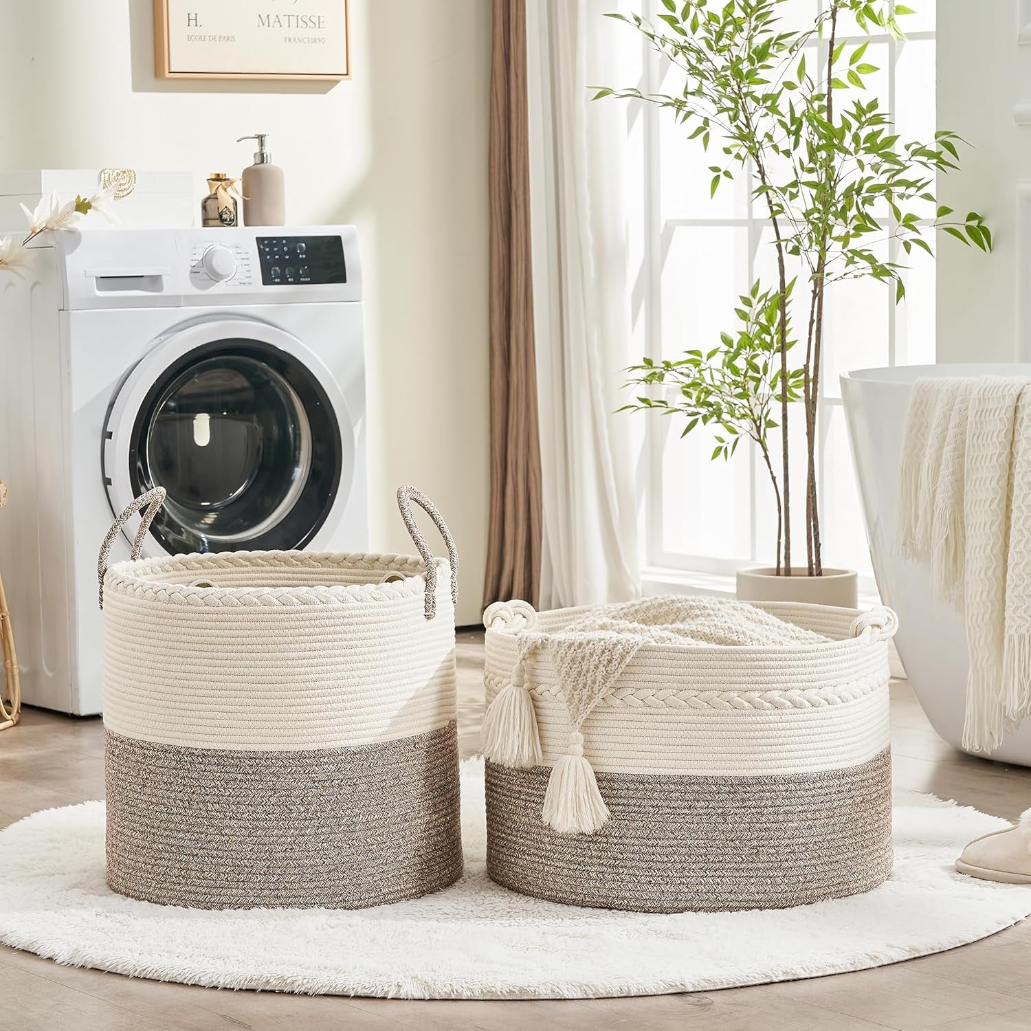 Large Blanket Basket (20"X13"),Woven Baskets for Storage Baby Laundry Hamper, Cotton Rope Blanket Basket for Living Room, Laundry, Nursery, Pillows, Baby Toy Chest (White/Beige)