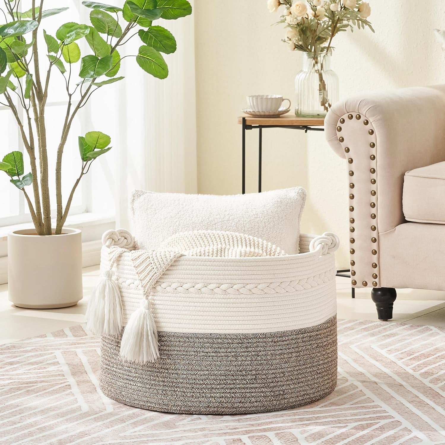 Large Blanket Basket (20"X13"),Woven Baskets for Storage Baby Laundry Hamper, Cotton Rope Blanket Basket for Living Room, Laundry, Nursery, Pillows, Baby Toy Chest (White/Beige)