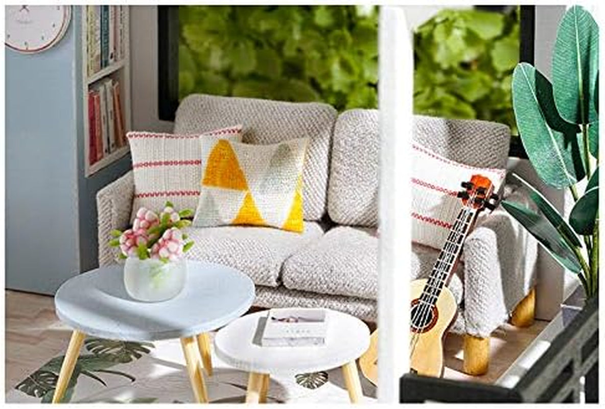 DIY Doll Room Miniature Furniture Wooden House Kit - Wooden Dolls House Kit with Dust Cover and Accessories - QL Nordic Apartment Dollhouse (Meet Happiness) - Idea Suitable Room (QL002)