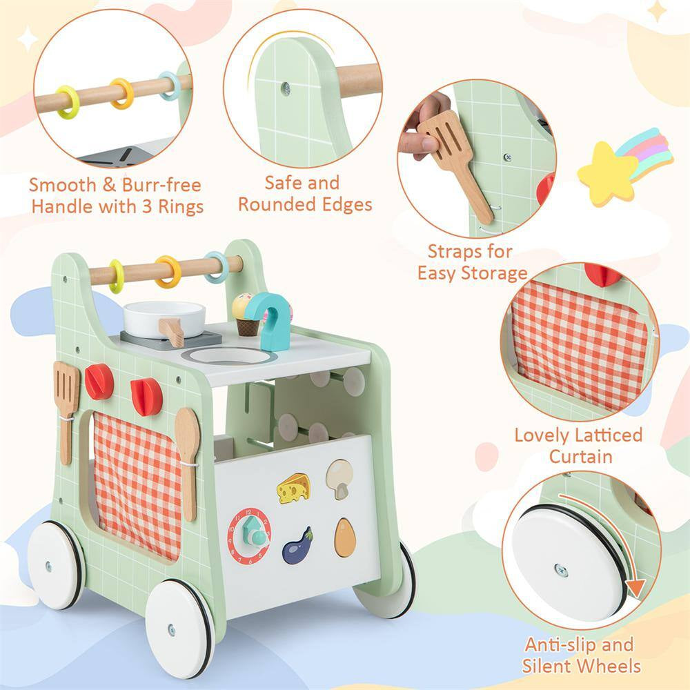 6-In-1 Baby Push Walker Wooden Strollers Learning Activity Center Toy with Kitchen in Green and White