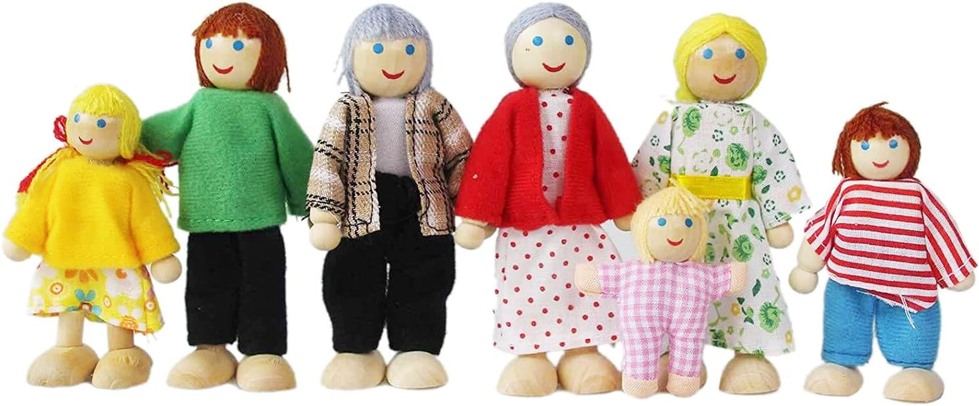 Wooden Doll House Family, 7 Miniature Figures - Dress-Up Characters: Grandpa, Grandma, Mom, Dad, Boy, Girl