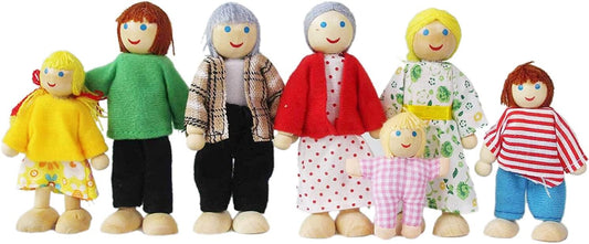 Wooden Doll House Family, 7 Miniature Figures - Dress-Up Characters: Grandpa, Grandma, Mom, Dad, Boy, Girl