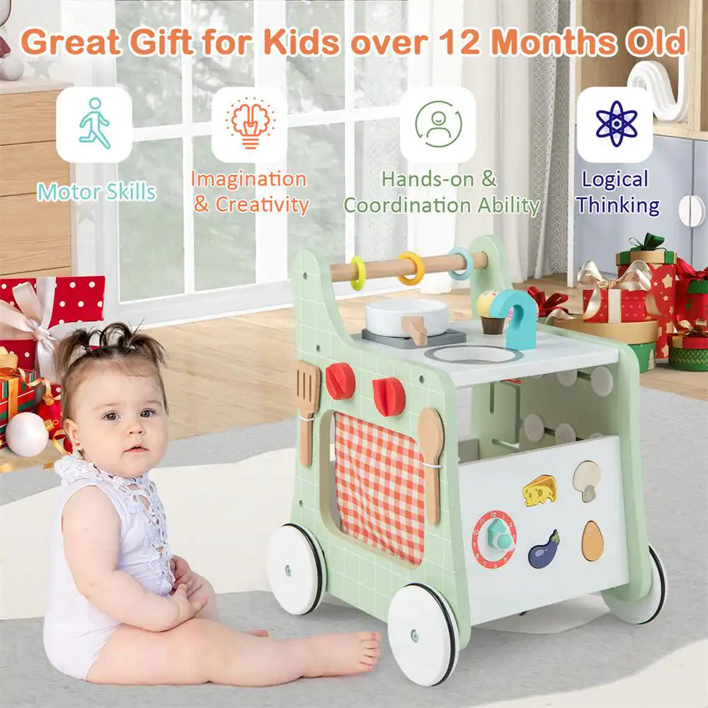 6-In-1 Baby Push Walker Wooden Strollers Learning Activity Center Toy with Kitchen in Green and White