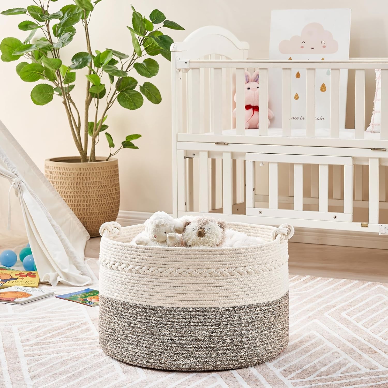 Large Blanket Basket (20"X13"),Woven Baskets for Storage Baby Laundry Hamper, Cotton Rope Blanket Basket for Living Room, Laundry, Nursery, Pillows, Baby Toy Chest (White/Beige)
