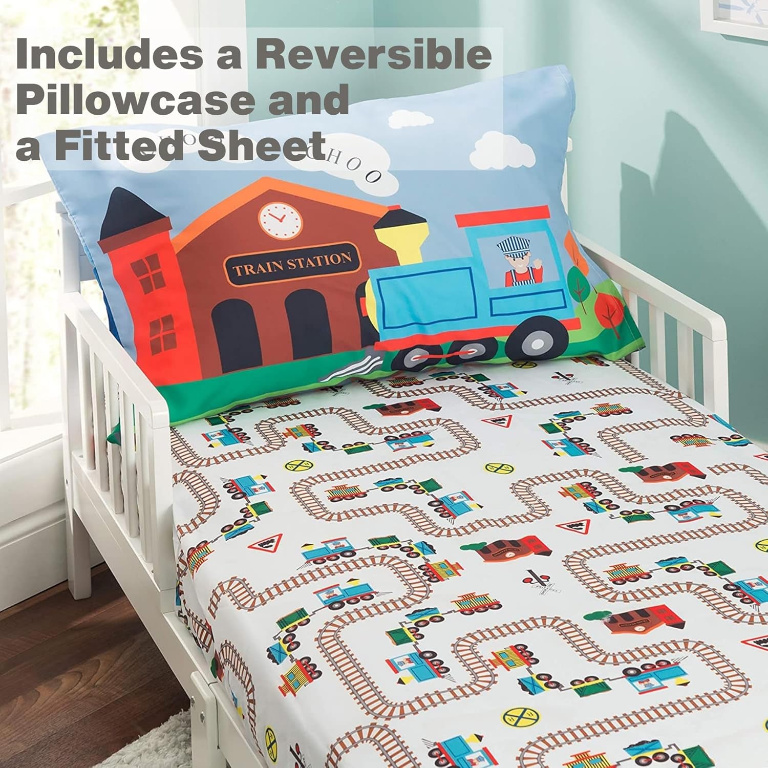 Toddler Fitted Sheet and Pillowcase Set -Choo Choo Train- Soft Breathable Microfiber Toddler Sheet Set