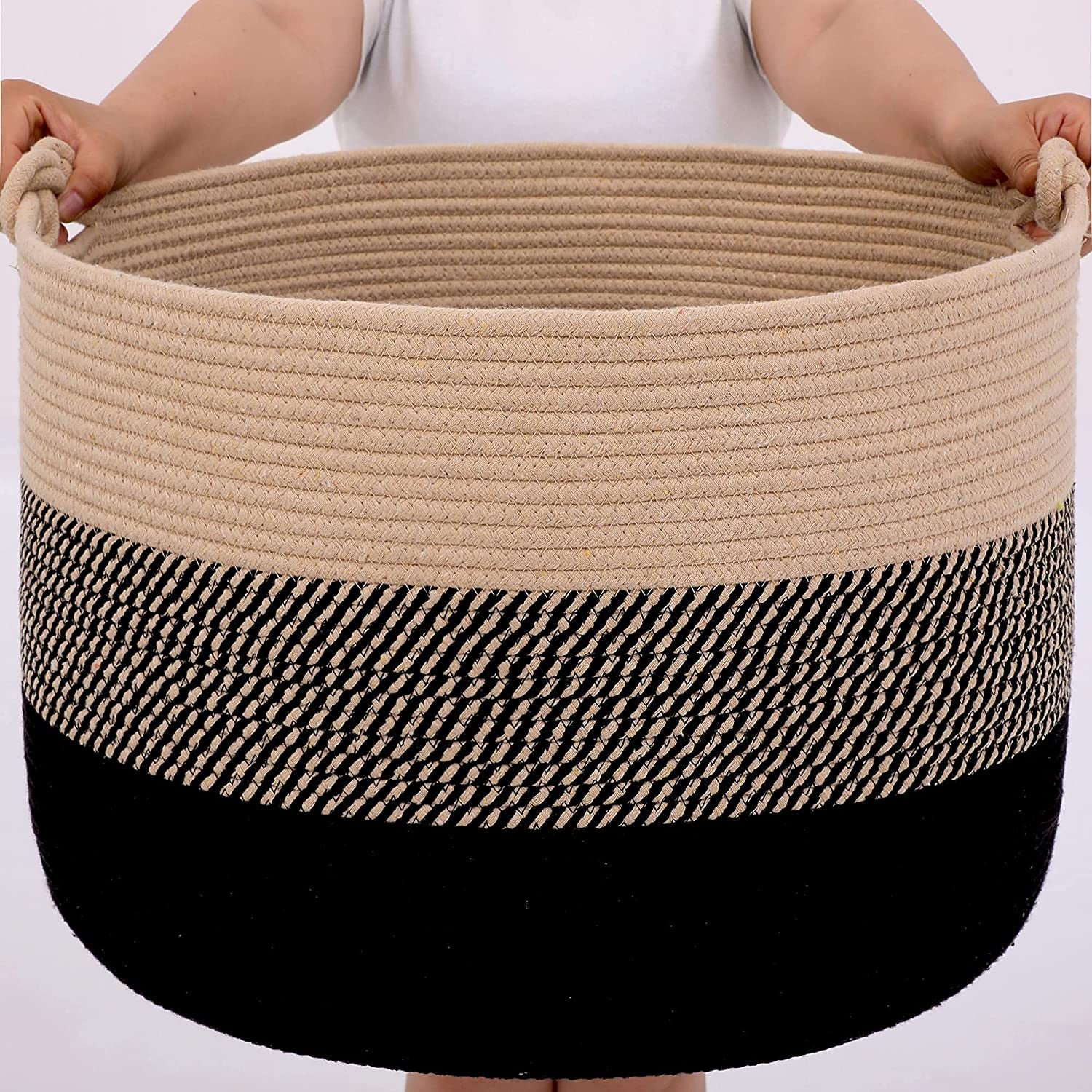 Large Blanket Basket (20"X13"),Woven Rope Baskets for Storage Baby Laundry Hamper, Cotton Rope Blanket Basket for Living Room, Laundry, Nursery, Pillows,Baby Toy Chest (Jute/Black)