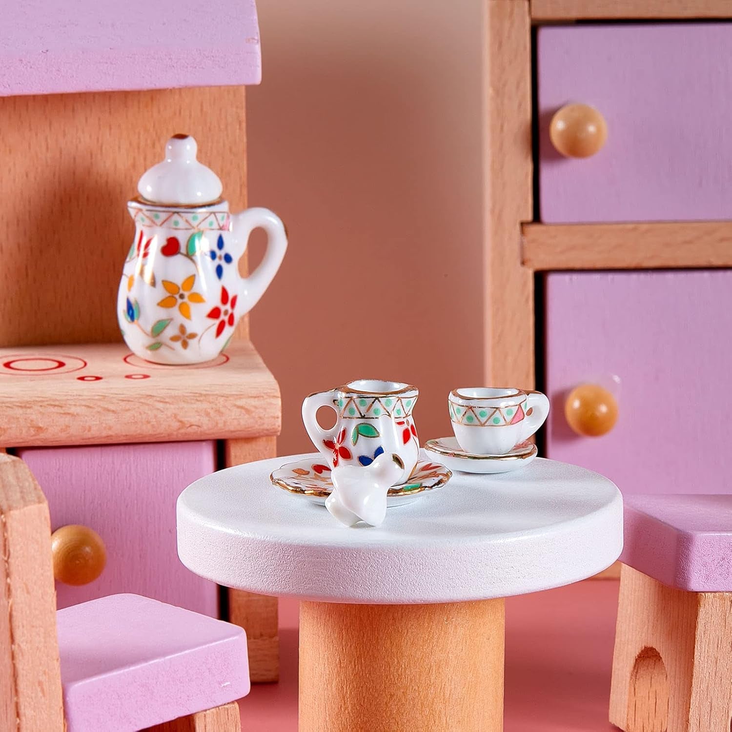 15 Pieces Miniature Porcelain Tea Cup Set Kitchen Miniature Porcelain Set Mini Flower Pattern Teapot Cup Plates Set Dollhouse Kitchen Accessories Set (Bright Floral Style)
