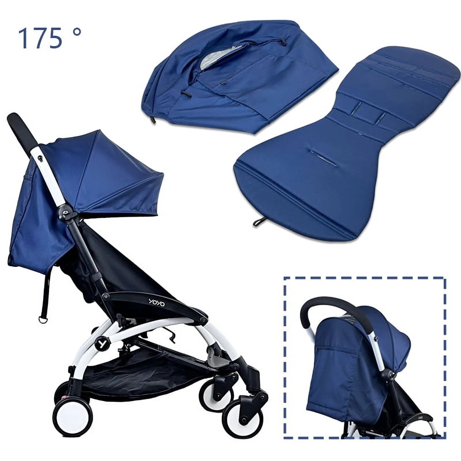 175 Degrees Stroller Hood & Mattress for  Yoyo2 Yoya Baby Stroller Accessories with Back Zipper Pocket Cushion for Yoyo