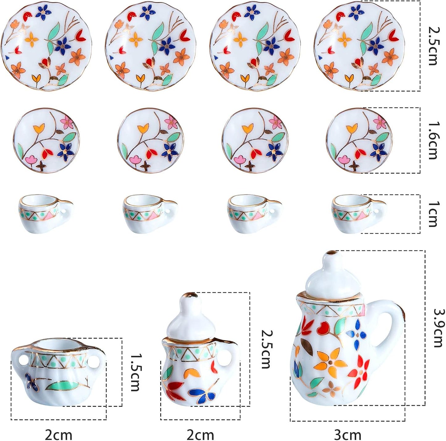 15 Pieces Miniature Porcelain Tea Cup Set Kitchen Miniature Porcelain Set Mini Flower Pattern Teapot Cup Plates Set Dollhouse Kitchen Accessories Set (Bright Floral Style)