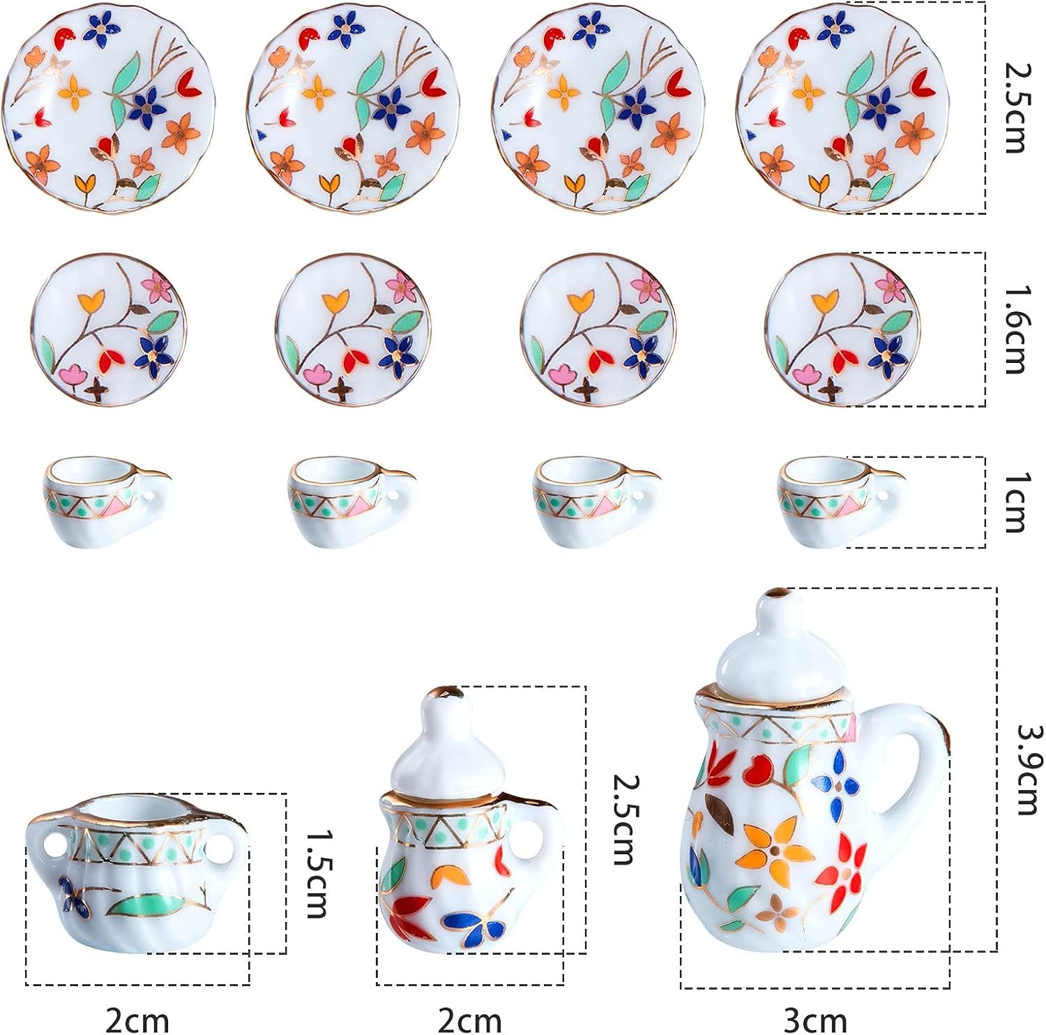 15 Pieces Miniature Porcelain Tea Cup Set Kitchen Miniature Porcelain Set Mini Flower Pattern Teapot Cup Plates Set Dollhouse Kitchen Accessories Set (Bright Floral Style)