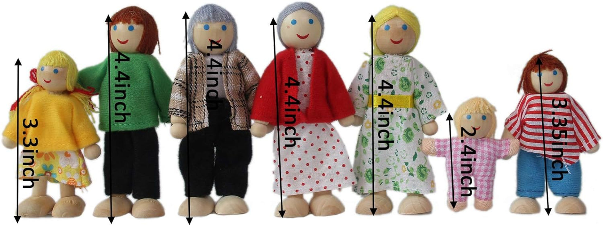 Wooden Doll House Family, 7 Miniature Figures - Dress-Up Characters: Grandpa, Grandma, Mom, Dad, Boy, Girl