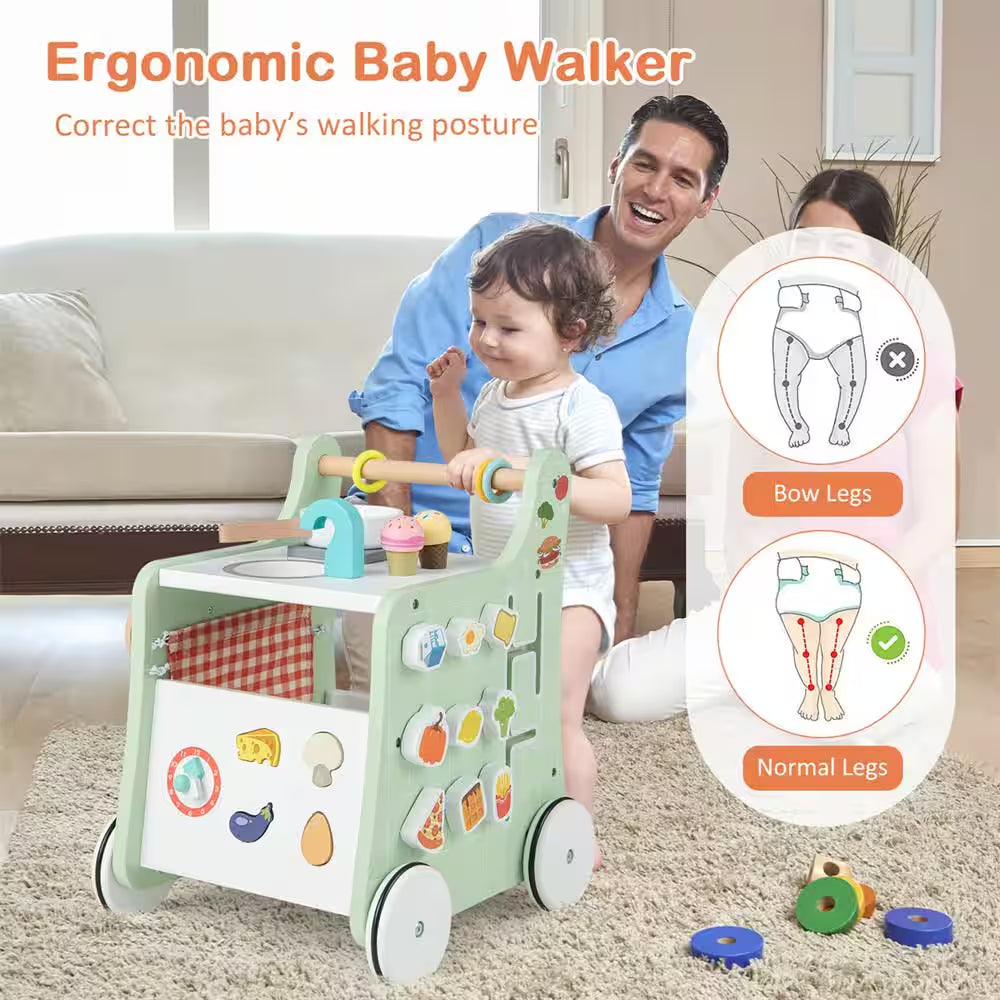 6-In-1 Baby Push Walker Wooden Strollers Learning Activity Center Toy with Kitchen in Green and White