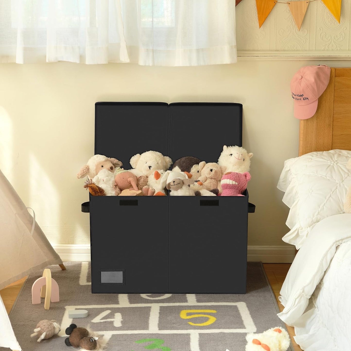 Toy Chest with Lids, Foldable Toy Storage Organizer with Handles, Stuffed Animal Storage for Nursery Room Playroom, Living Room, Large Toy Box for Boys and Girls, Black