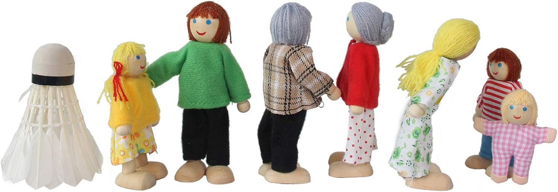 Wooden Doll House Family, 7 Miniature Figures - Dress-Up Characters: Grandpa, Grandma, Mom, Dad, Boy, Girl