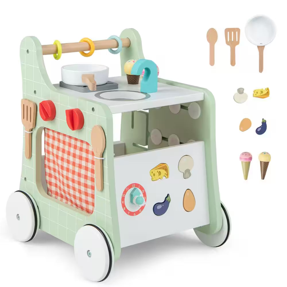 6-In-1 Baby Push Walker Wooden Strollers Learning Activity Center Toy with Kitchen in Green and White