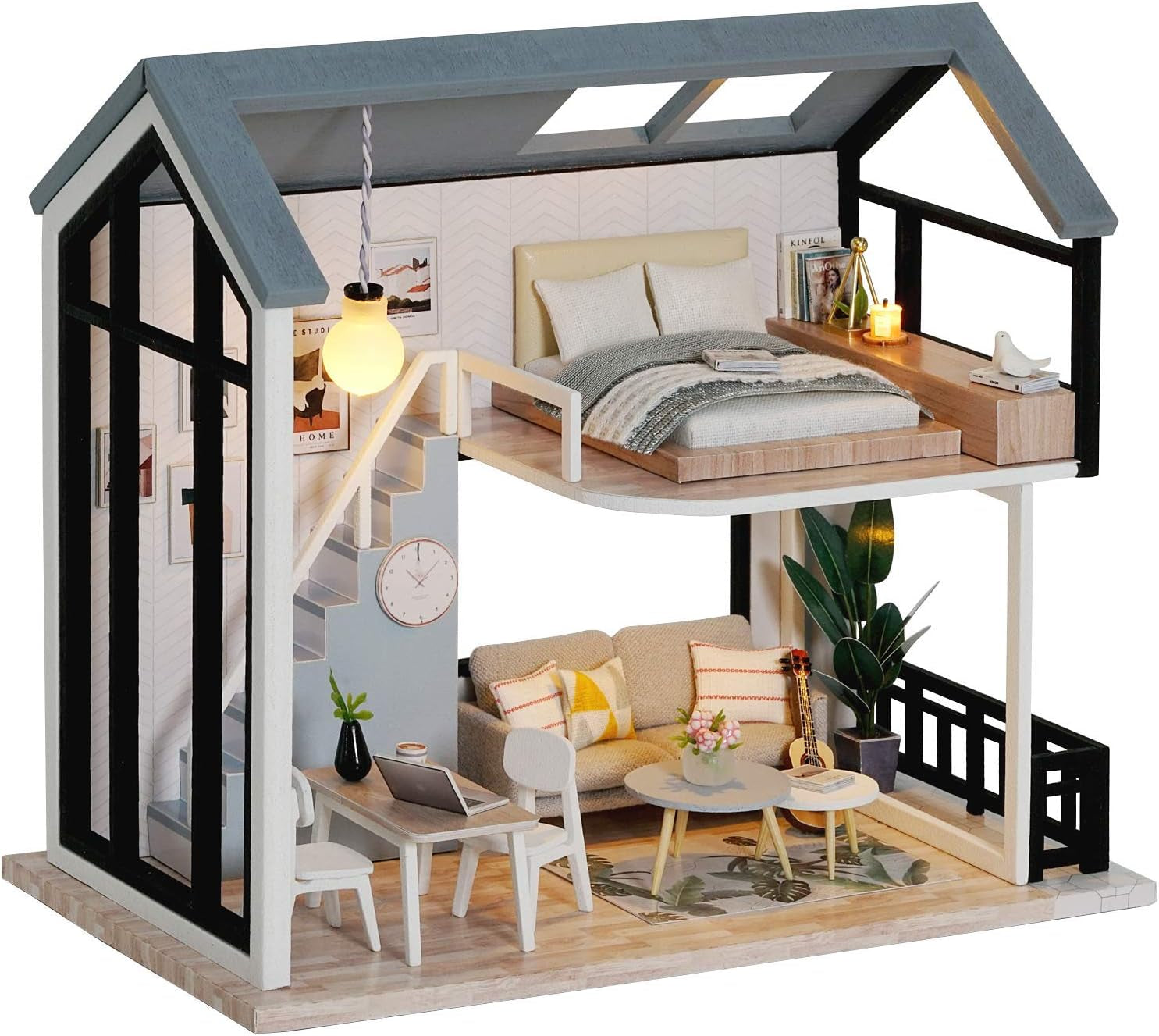 DIY Doll Room Miniature Furniture Wooden House Kit - Wooden Dolls House Kit with Dust Cover and Accessories - QL Nordic Apartment Dollhouse (Meet Happiness) - Idea Suitable Room (QL002)