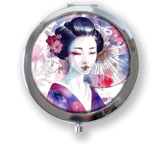 Stunning Asian Japanese Geisha with Parasol Handheld Compact Mirror Memento Keepsake Accessory