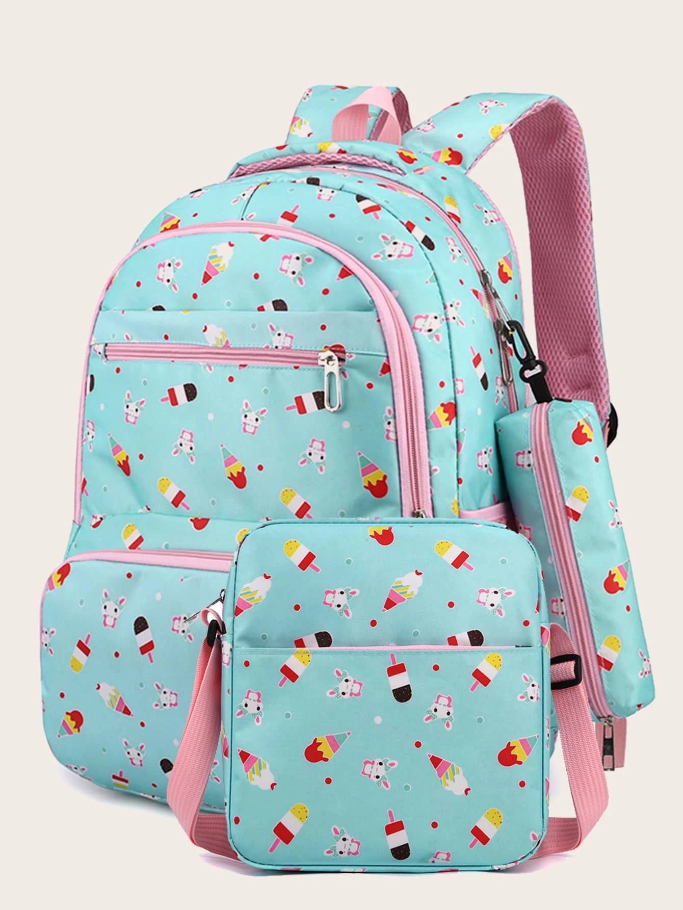 3Pcs Ice Cream Pattern Fashionable Backpack with Shoulder Bag and Coin Purse