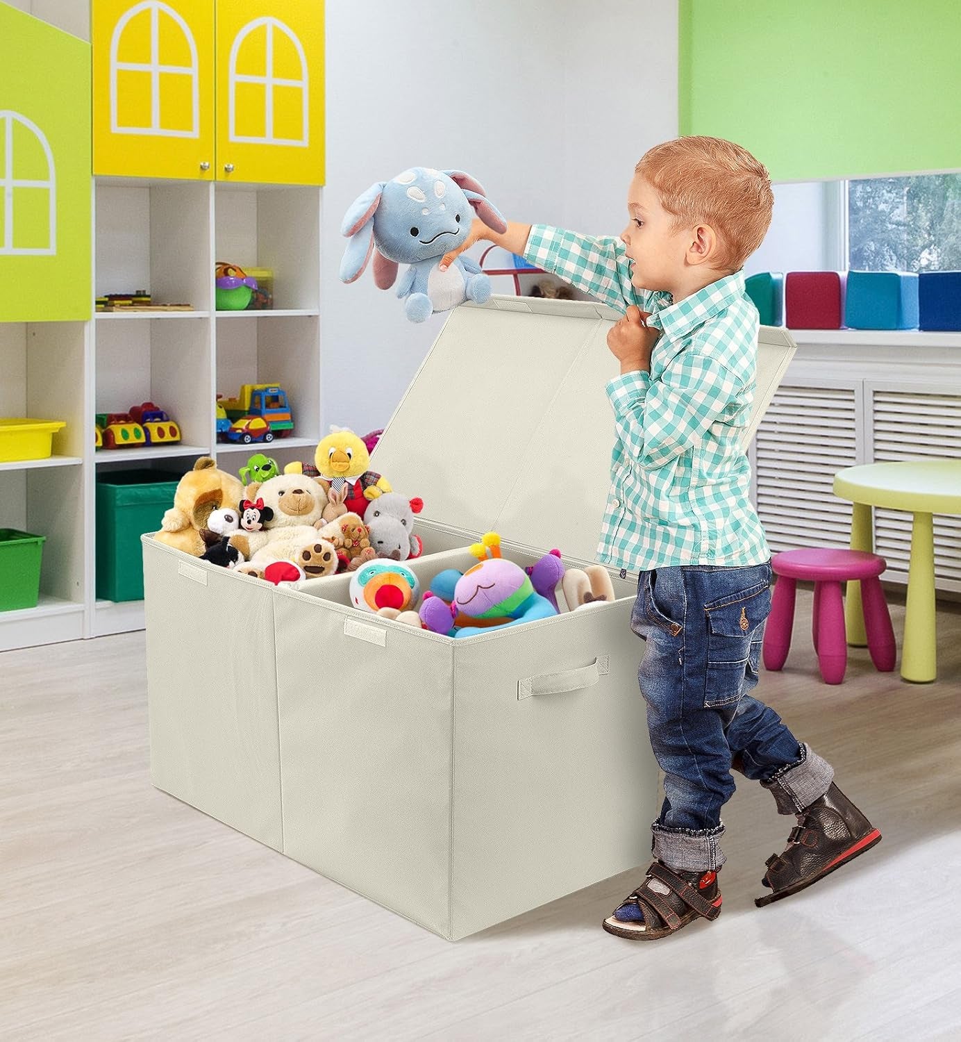 Toy Chest with Flip-Top Lid, Kids Collapsible Storage for Nursery, Playroom, Closet, Home Organization, Large (Pattern - Chevron Gray)
