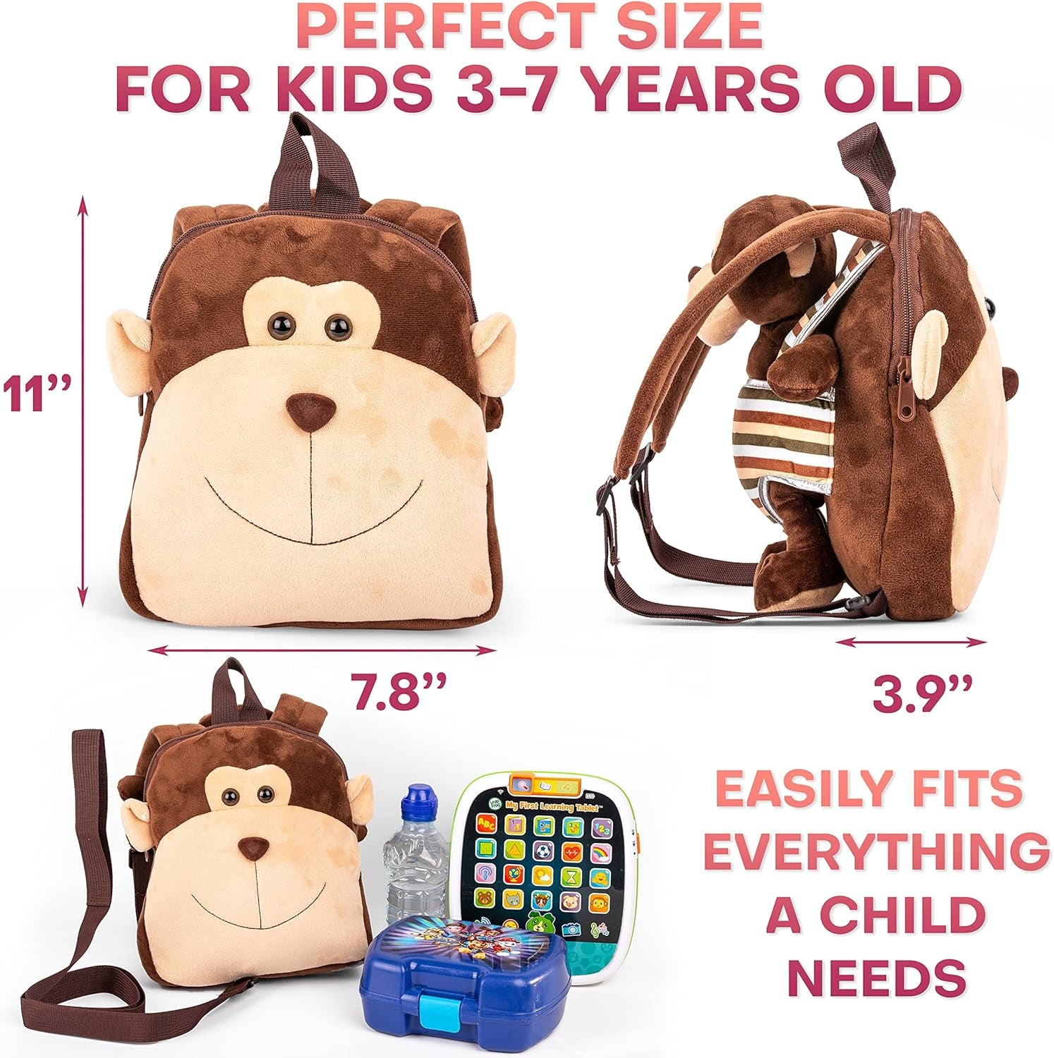 Cute Monkey Backpack with Leash Kids Stuffed Animal Backpack for Boys and Girls 2-5 Years Old with Plush Toy (Brown)