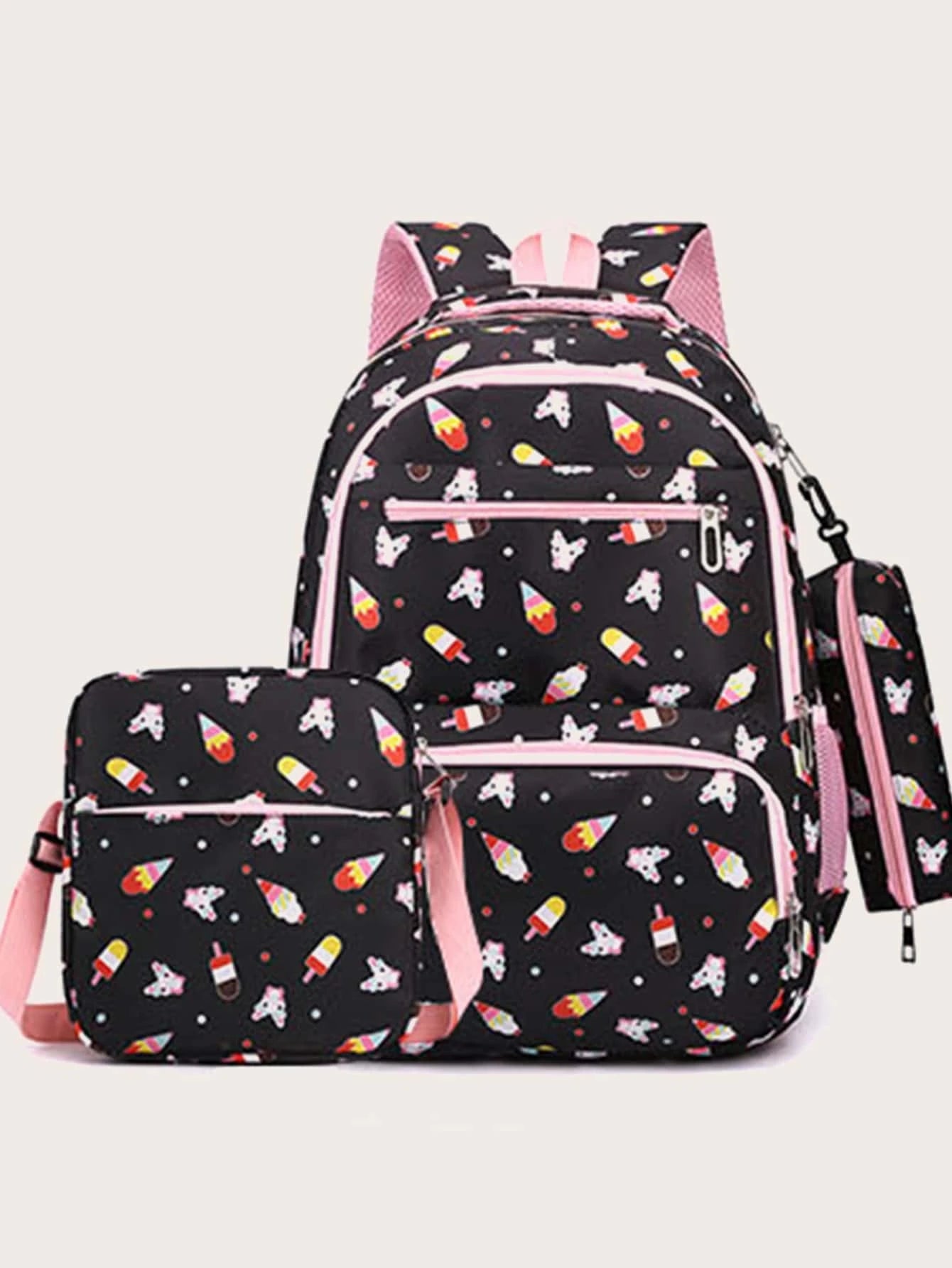 3Pcs Ice Cream Pattern Fashionable Backpack with Shoulder Bag and Coin Purse