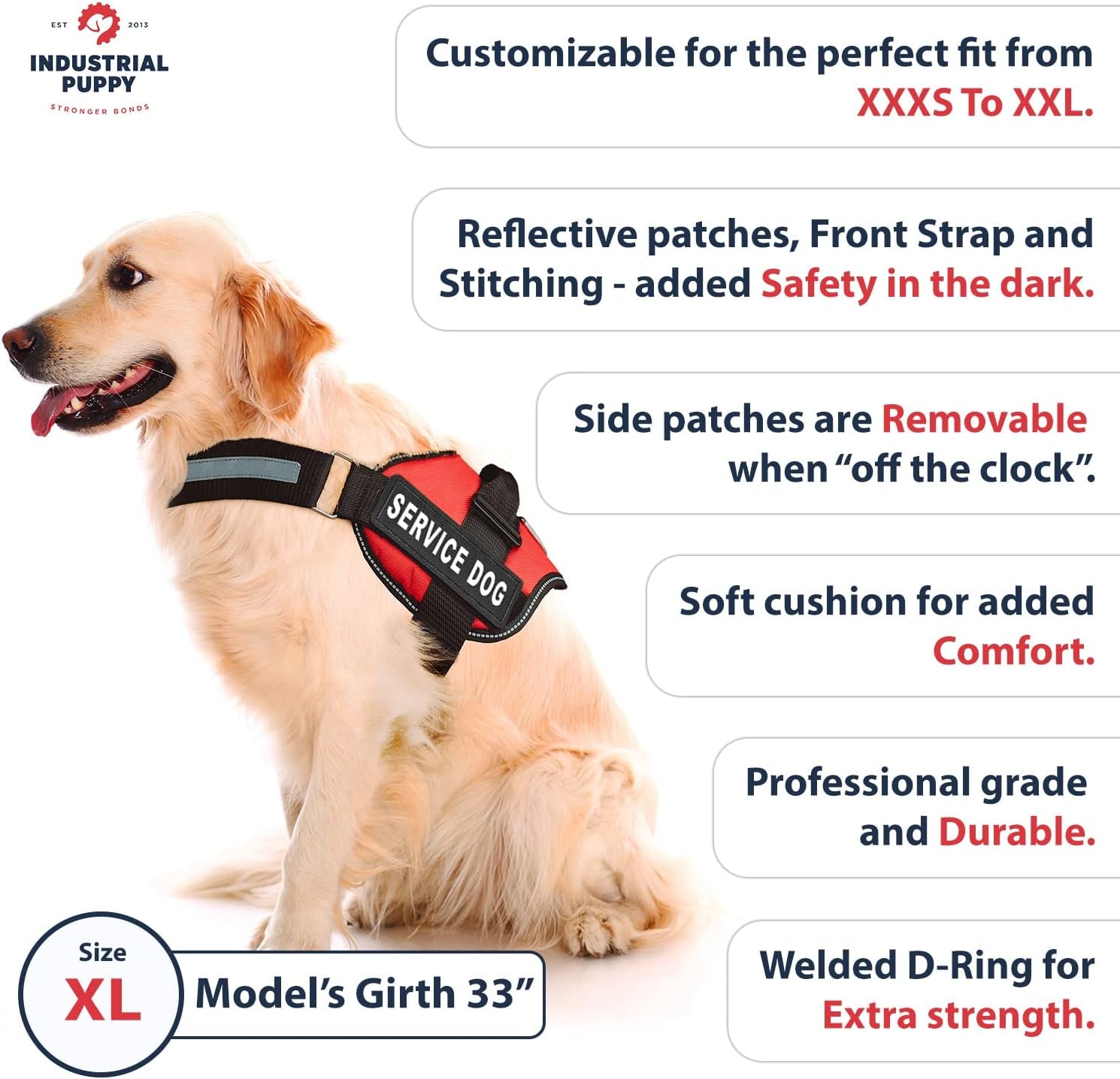 Service Dog Vest with Hook and Loop Straps and Matching Service Dog Leash Set - Harnesses from XXS to XXL - Service Dog Harness Features Reflective Patch and Comfortable Mesh Design