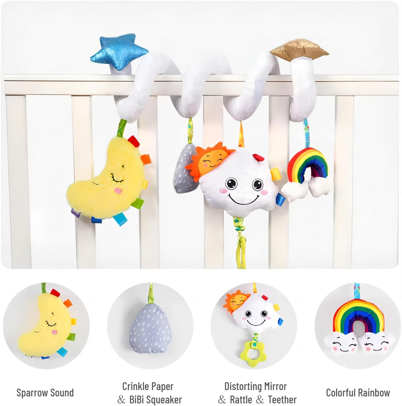 Baby Car Seat Toys Newborn Toys, Stroller Toys Baby Toys 0-6 Months, Infant Spiral Plush Toys Hanging Stroller Toys for Carseat Crib Bar Bassinet - Colorful Star