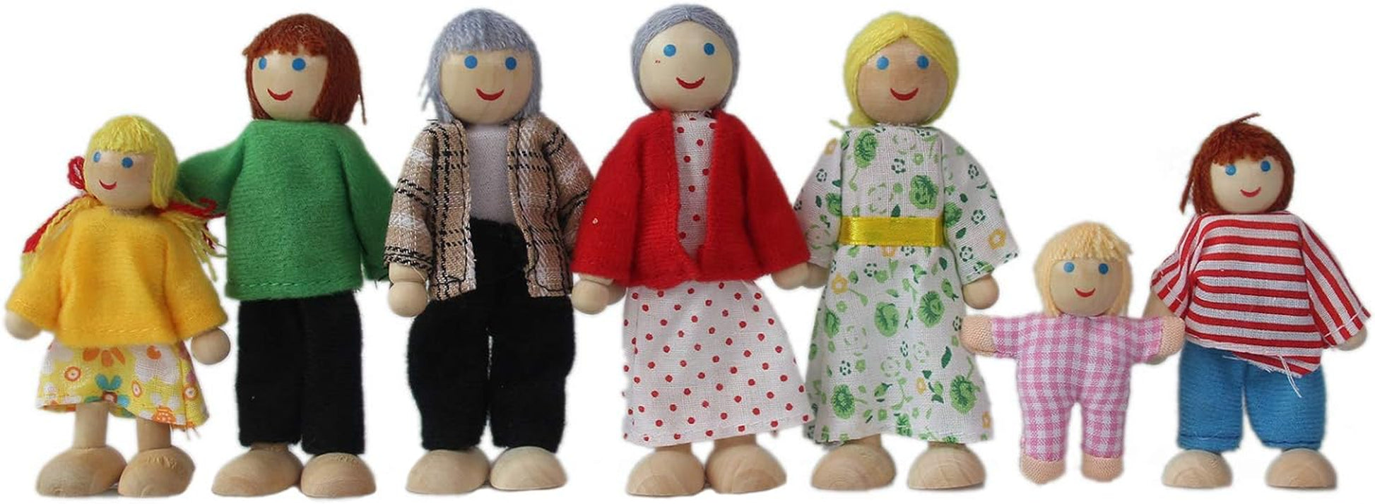 Wooden Doll House Family, 7 Miniature Figures - Dress-Up Characters: Grandpa, Grandma, Mom, Dad, Boy, Girl