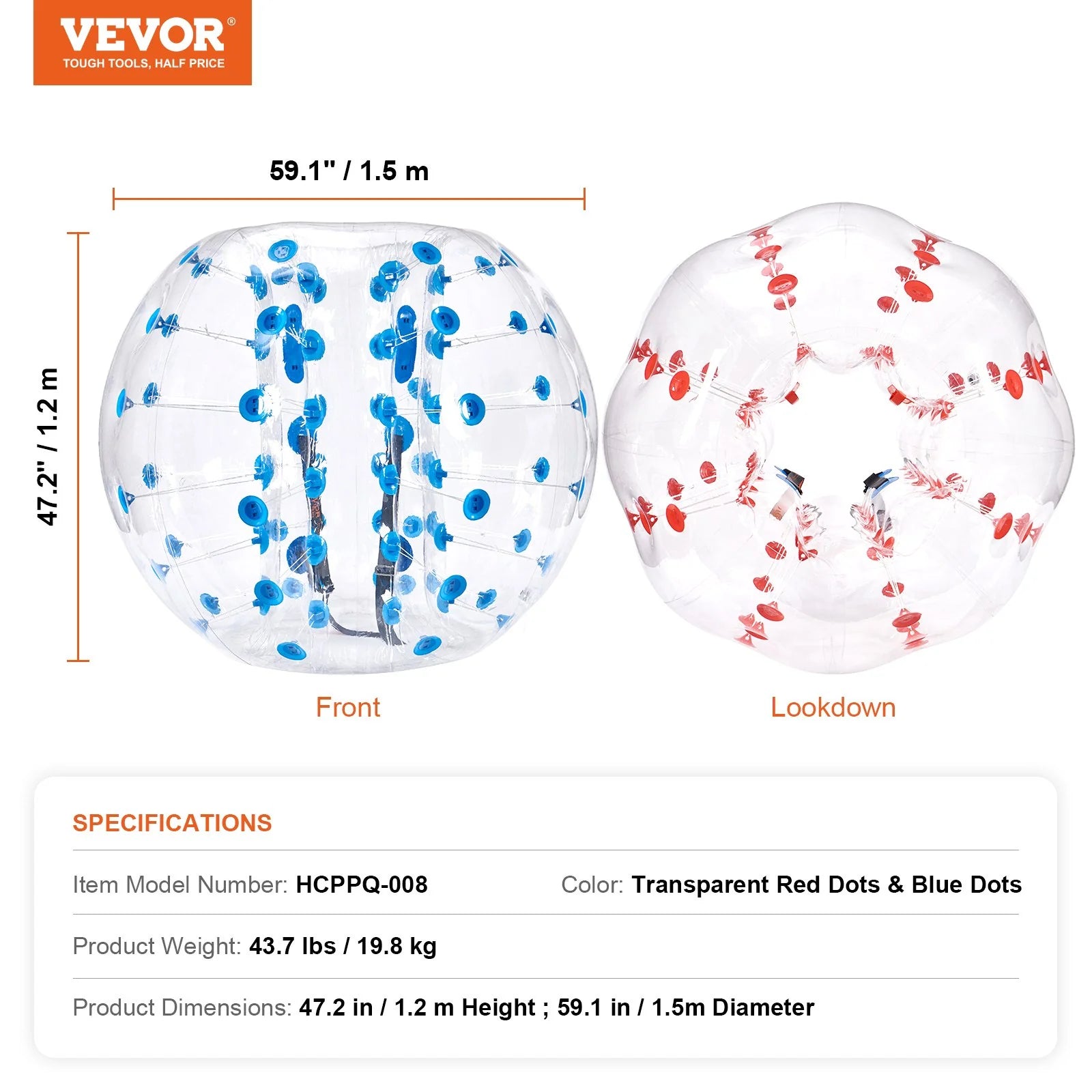 VEVOR Inflatable Bumper Balls 2-Pack, 5FT/1.5M Body Sumo Zorb Balls for Teen & Adult, 0.8Mm Thick PVC Human Hamster Bubble Balls for Outdoor Team Gaming Play, Bumper Bopper Toys for Garden, Yard, Park