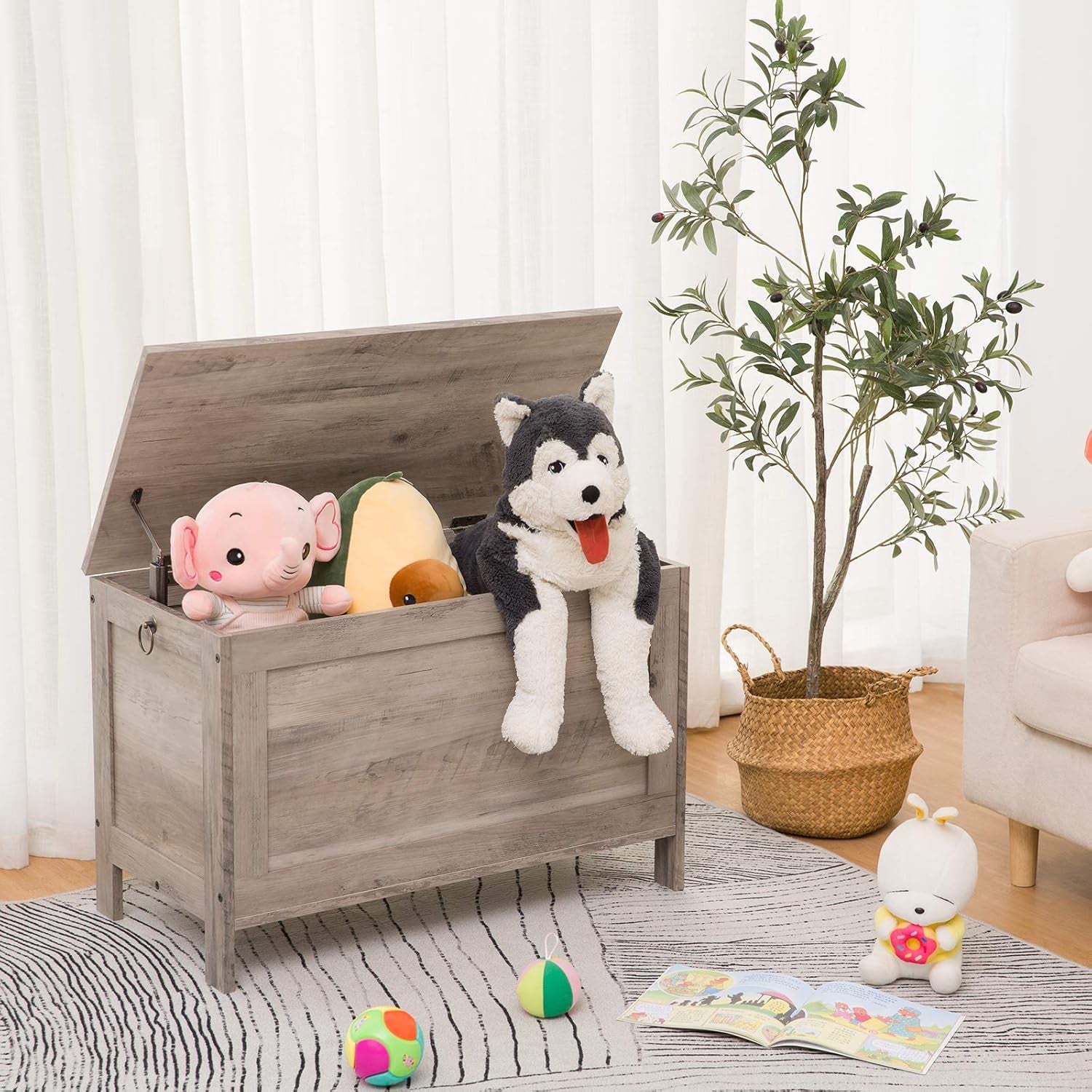 Toy Box, Retro Wooden Look Storage Chest with Safety Hinge, Entryway Storage Bench Supports 220 Lb, 29.9 X 15.7 X 18.9 Inches Toy Chest Organizer, Easy Assembly (Greige) BG75CW01G1