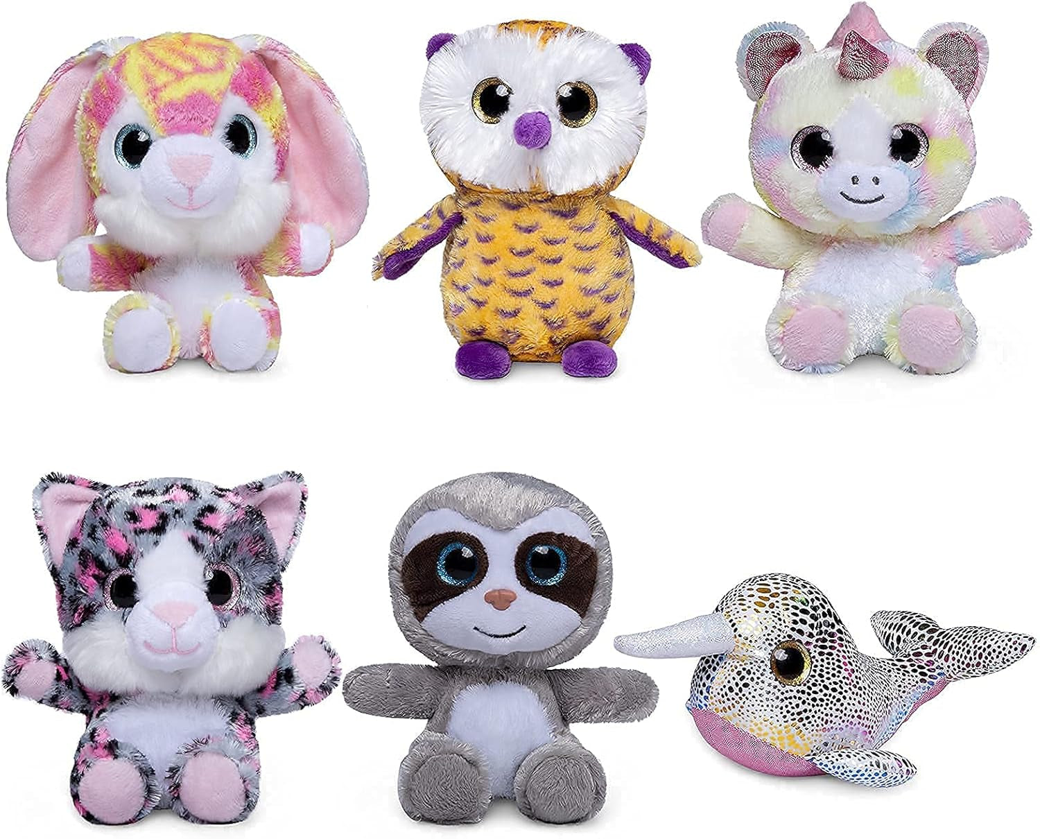 7Inch Cute Stuffed Animals Plush Toys Set, 6 Pcs Small Stuffed Animal Bulk Unicorn/Narwhal/Bunny/Owl/Sloth/Cat Plush Animal, Super Soft & Durable Stuffed Toys for Kids Girls Boys