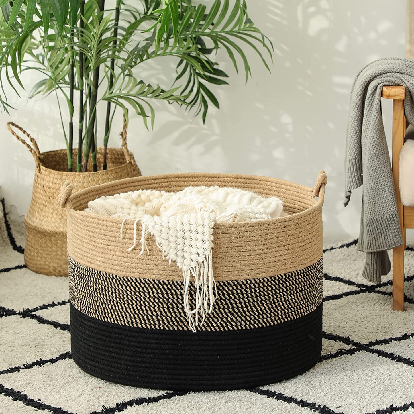 Large Blanket Basket (20"X13"),Woven Rope Baskets for Storage Baby Laundry Hamper, Cotton Rope Blanket Basket for Living Room, Laundry, Nursery, Pillows,Baby Toy Chest (Jute/Black)