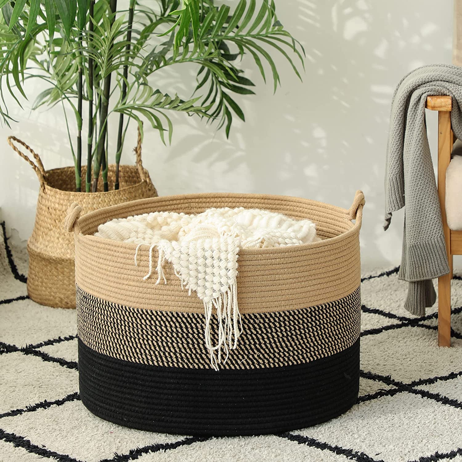 Large Blanket Basket (20"X13"),Woven Rope Baskets for Storage Baby Laundry Hamper, Cotton Rope Blanket Basket for Living Room, Laundry, Nursery, Pillows,Baby Toy Chest (Jute/Black)