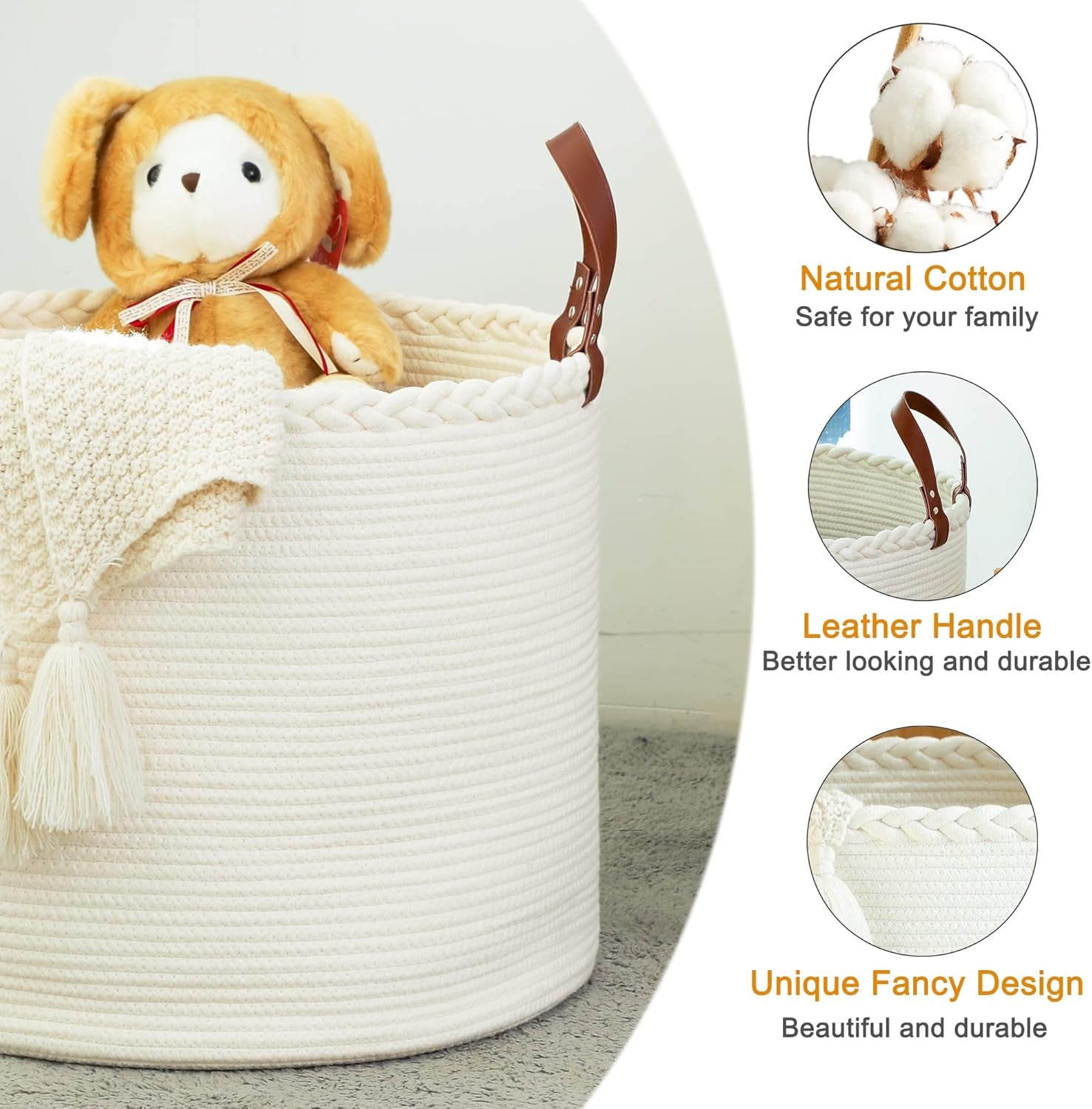 Large Blanket Basket (18"X16"),Woven Baby Laundry Hamper,Cotton Rope Blanket Basket for Nursery, Laundry, Living Room, Pillows, Baby Toy Chest with Leather Handles (White)
