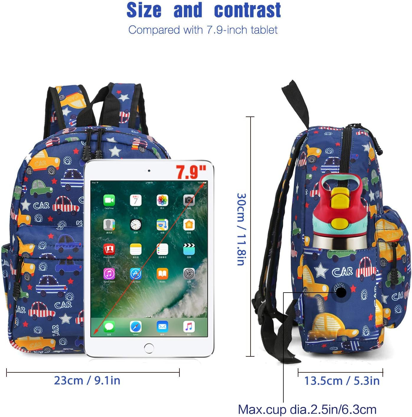 Children'S Cute Canvas Backpack Toddler Backpack (M, Blue Car)