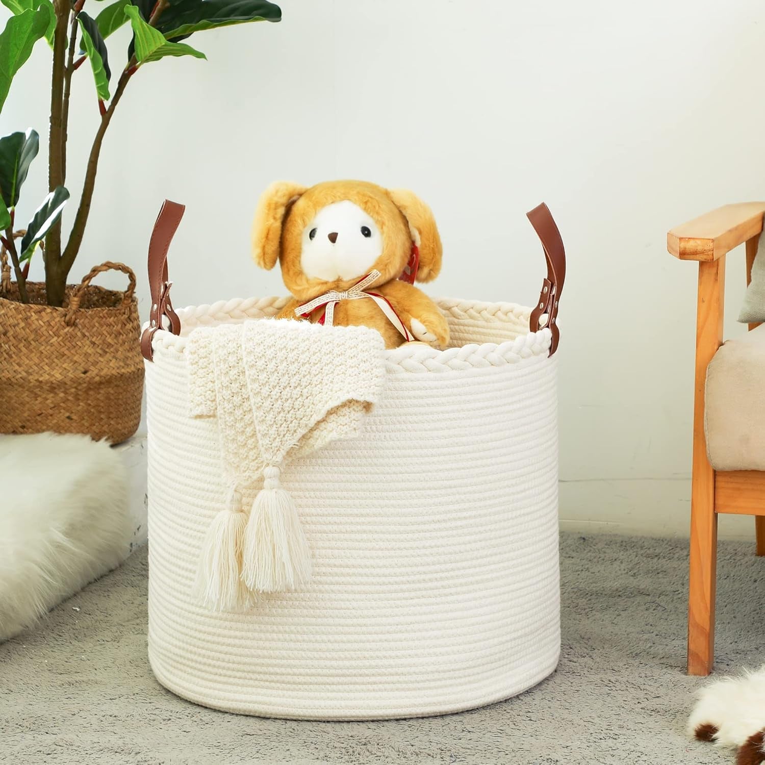 Large Blanket Basket (18"X16"),Woven Baby Laundry Hamper,Cotton Rope Blanket Basket for Nursery, Laundry, Living Room, Pillows, Baby Toy Chest with Leather Handles (White)