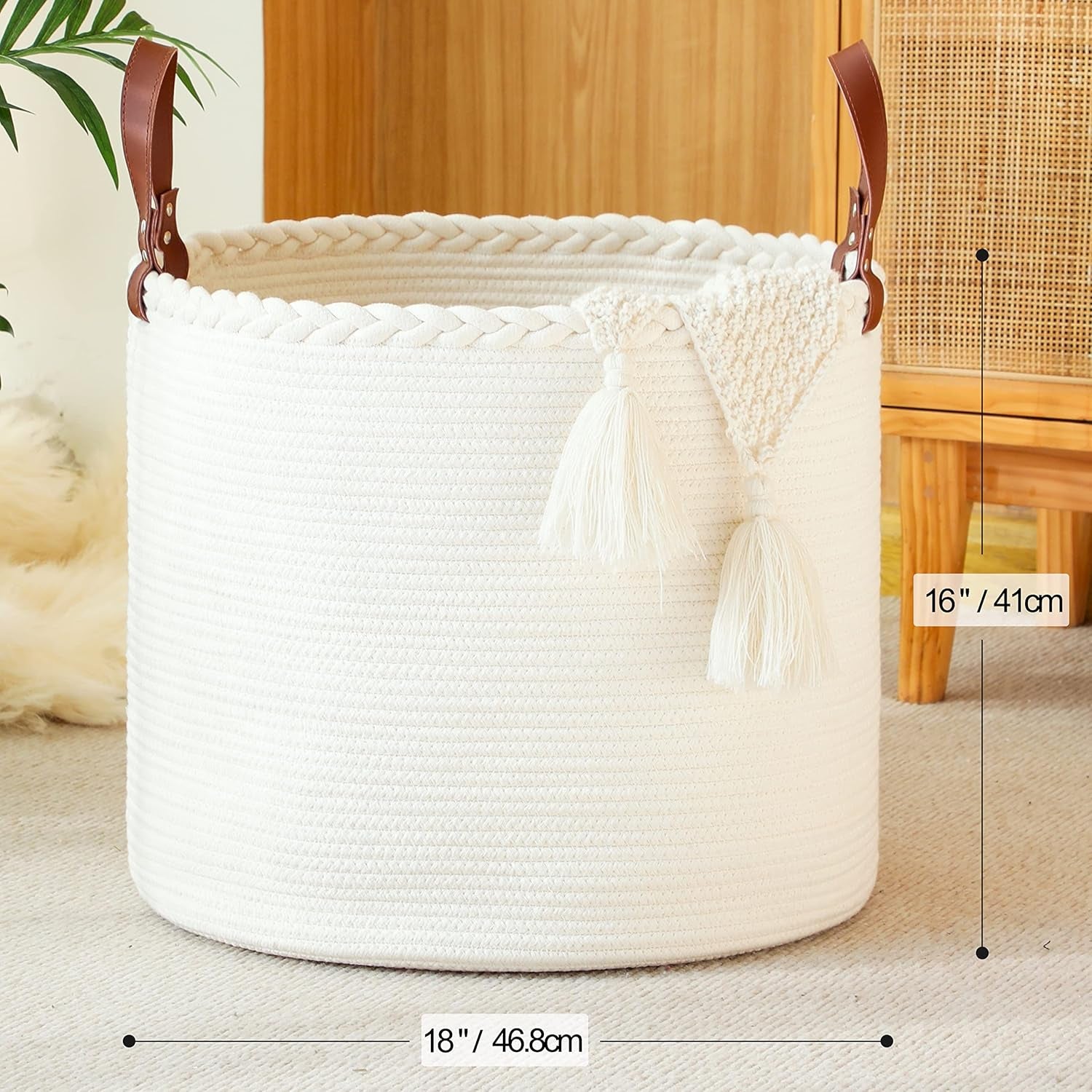 Large Blanket Basket (18"X16"),Woven Baby Laundry Hamper,Cotton Rope Blanket Basket for Nursery, Laundry, Living Room, Pillows, Baby Toy Chest with Leather Handles (White)