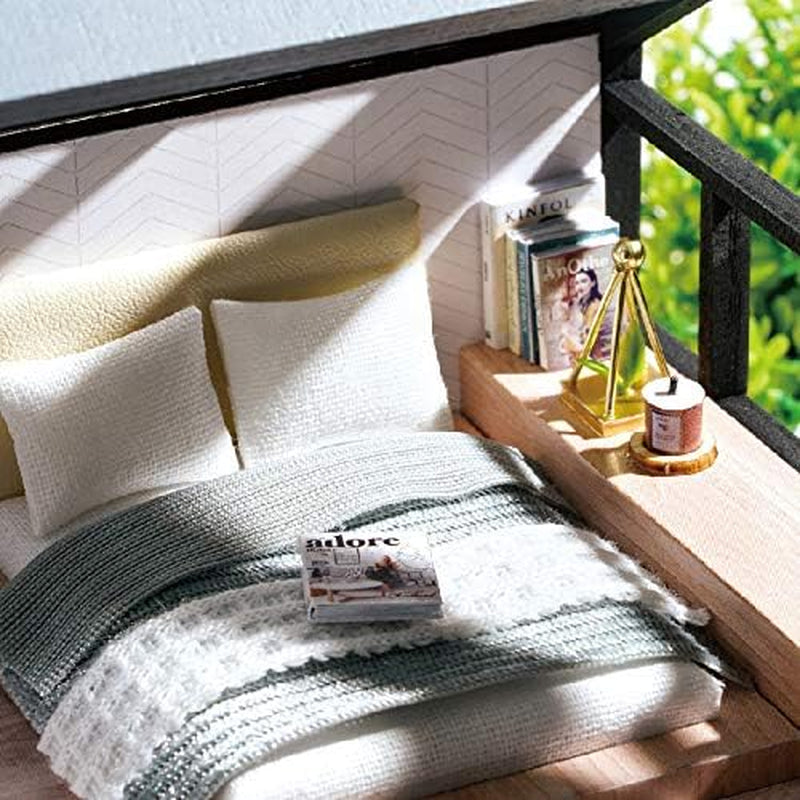 DIY Doll Room Miniature Furniture Wooden House Kit - Wooden Dolls House Kit with Dust Cover and Accessories - QL Nordic Apartment Dollhouse (Meet Happiness) - Idea Suitable Room (QL002)