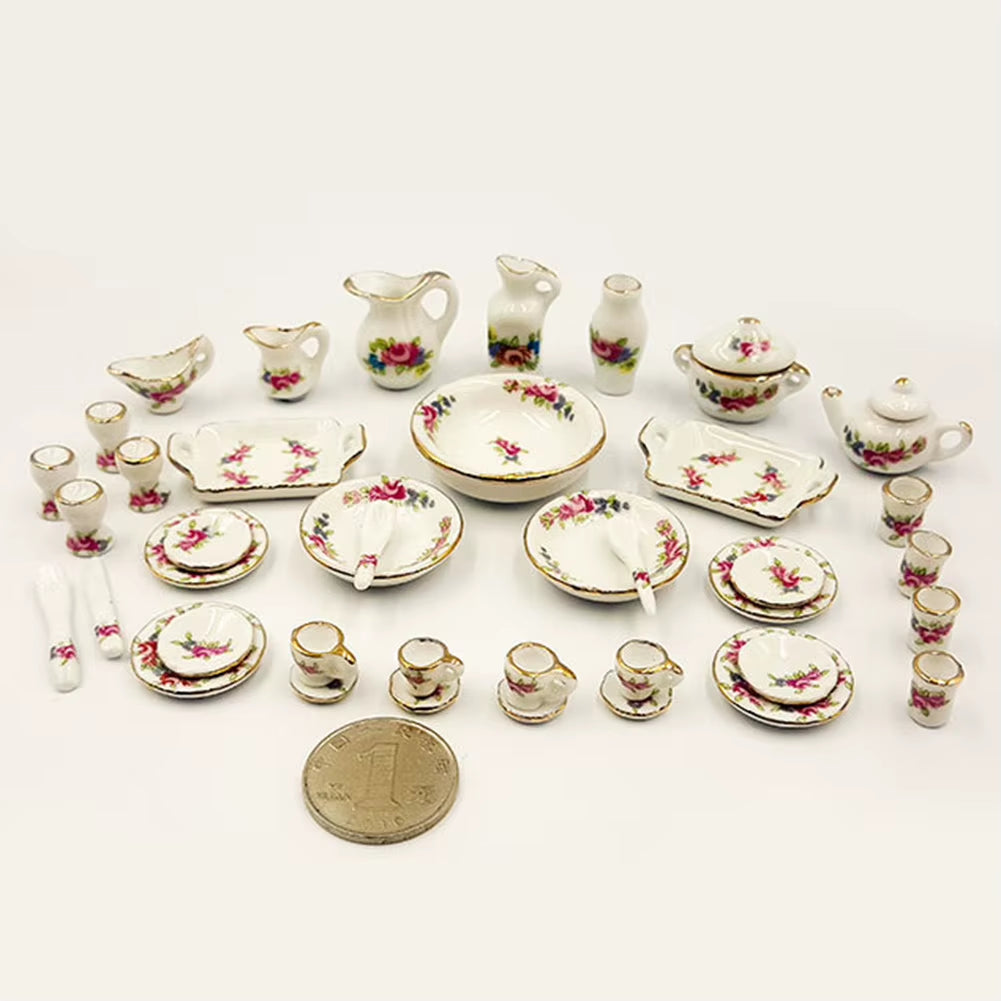 Miniature Doll House Pink Flower Patten Porcelain Coffee Tea Cups Ceramic Tableware Dollhouse Kitchen Accessories
