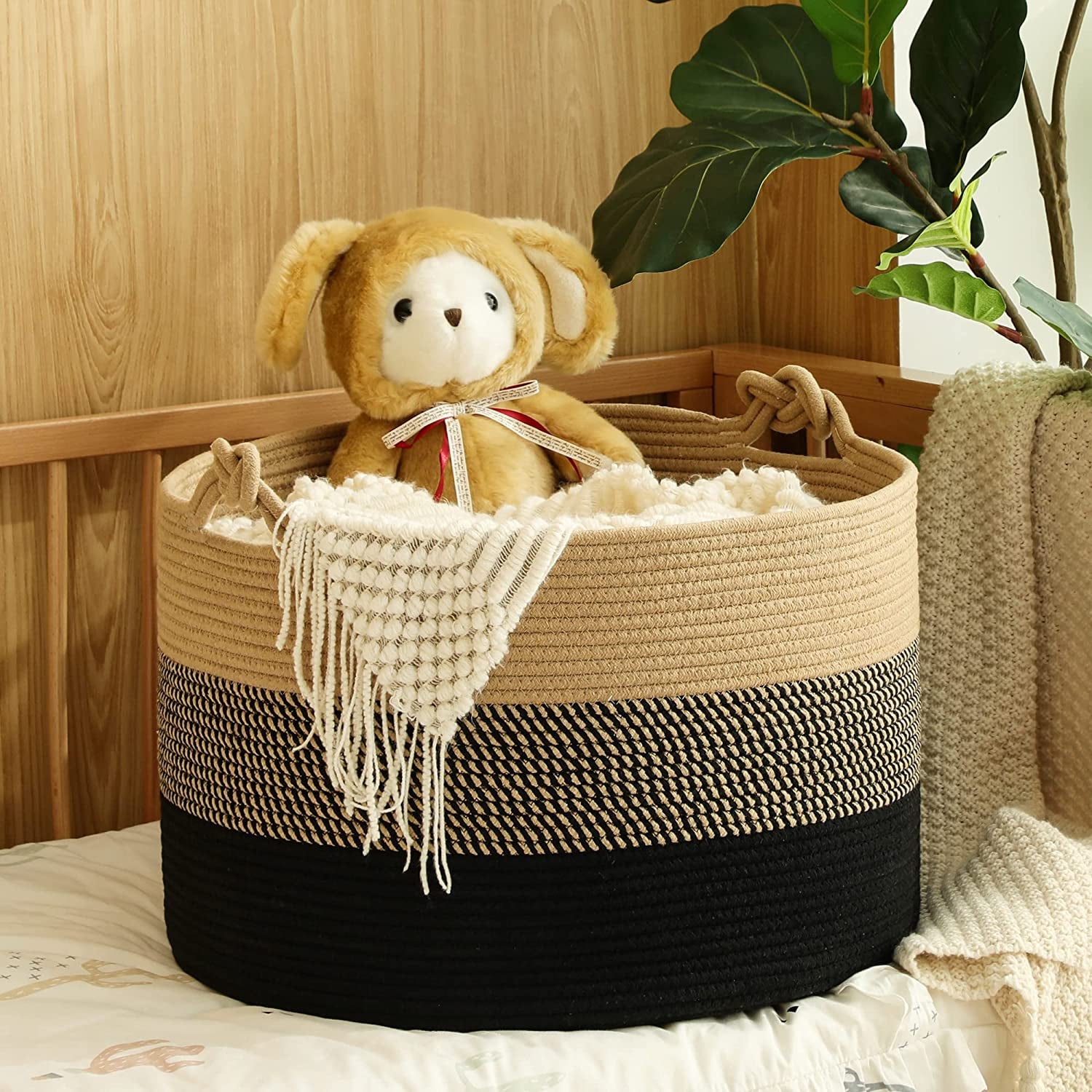Large Blanket Basket (20"X13"),Woven Rope Baskets for Storage Baby Laundry Hamper, Cotton Rope Blanket Basket for Living Room, Laundry, Nursery, Pillows,Baby Toy Chest (Jute/Black)