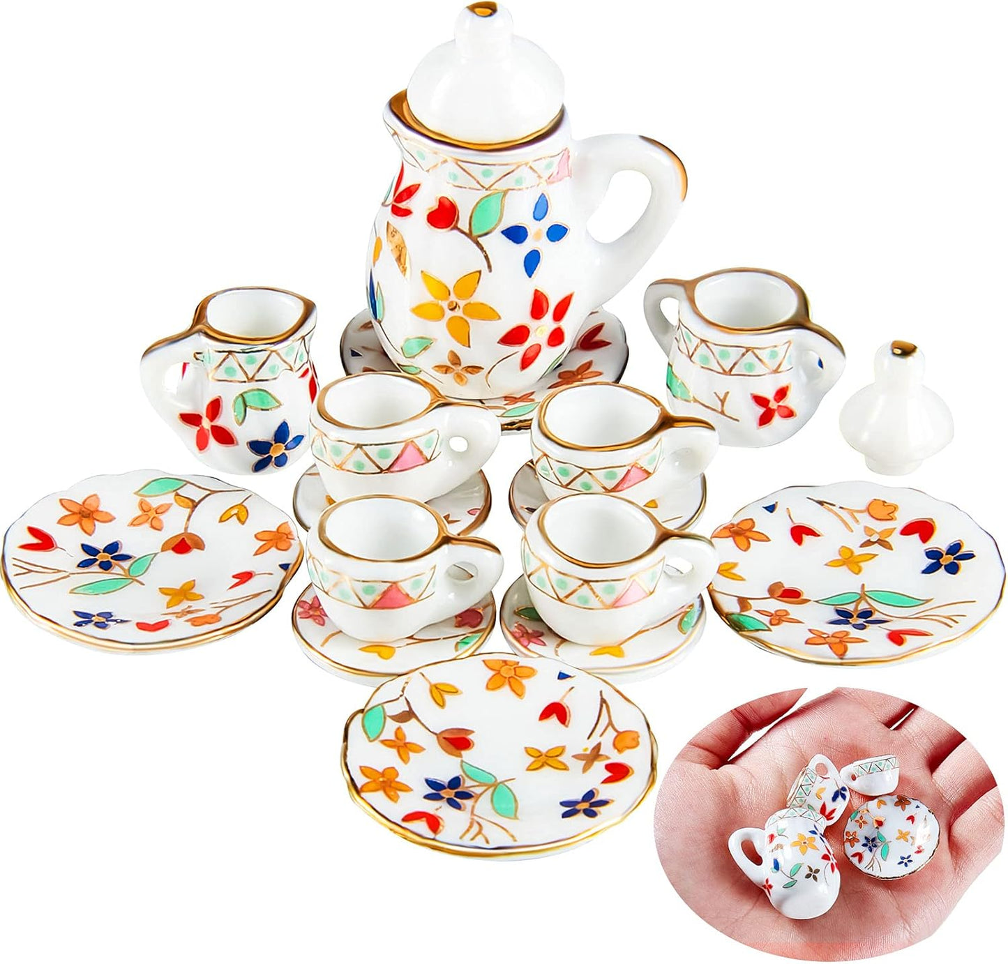 15 Pieces Miniature Porcelain Tea Cup Set Kitchen Miniature Porcelain Set Mini Flower Pattern Teapot Cup Plates Set Dollhouse Kitchen Accessories Set (Bright Floral Style)