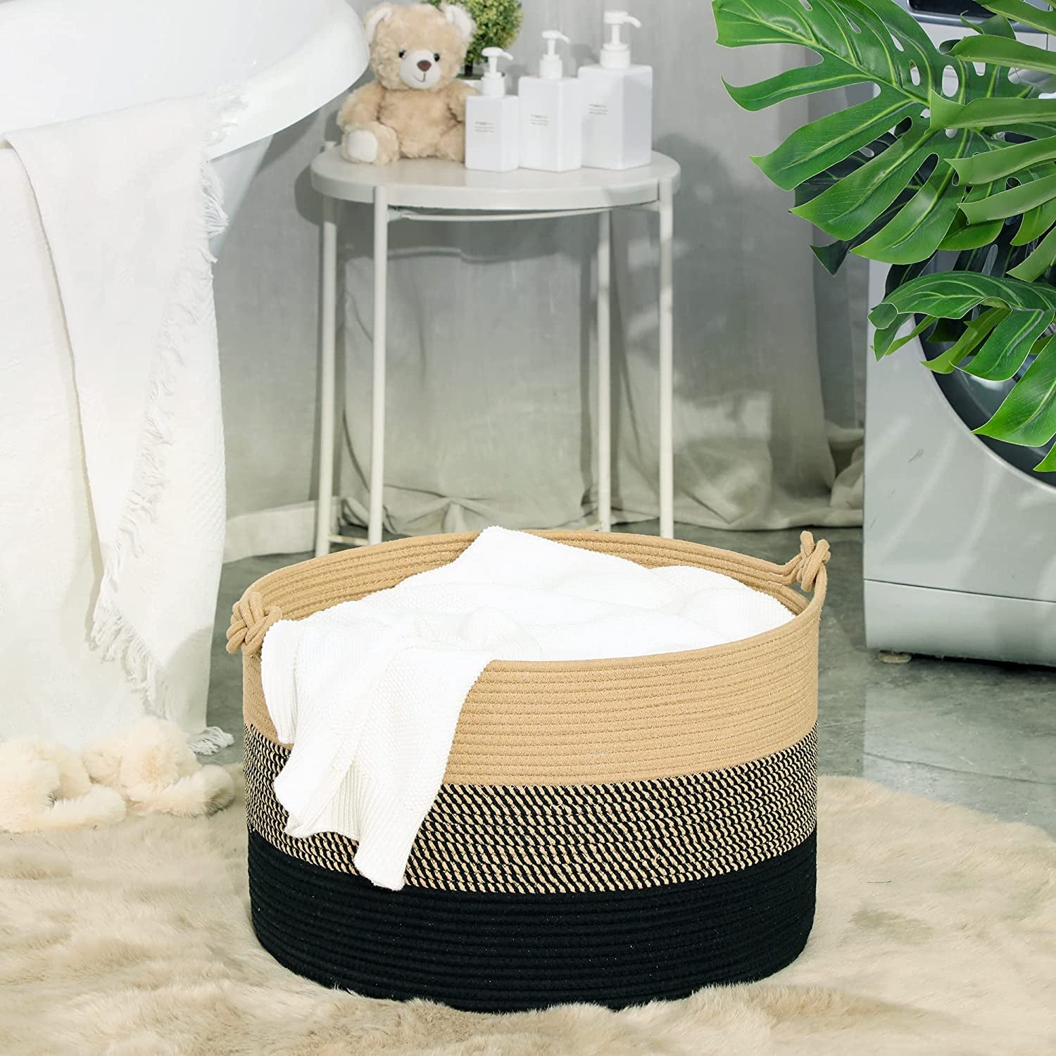 Large Blanket Basket (20"X13"),Woven Rope Baskets for Storage Baby Laundry Hamper, Cotton Rope Blanket Basket for Living Room, Laundry, Nursery, Pillows,Baby Toy Chest (Jute/Black)