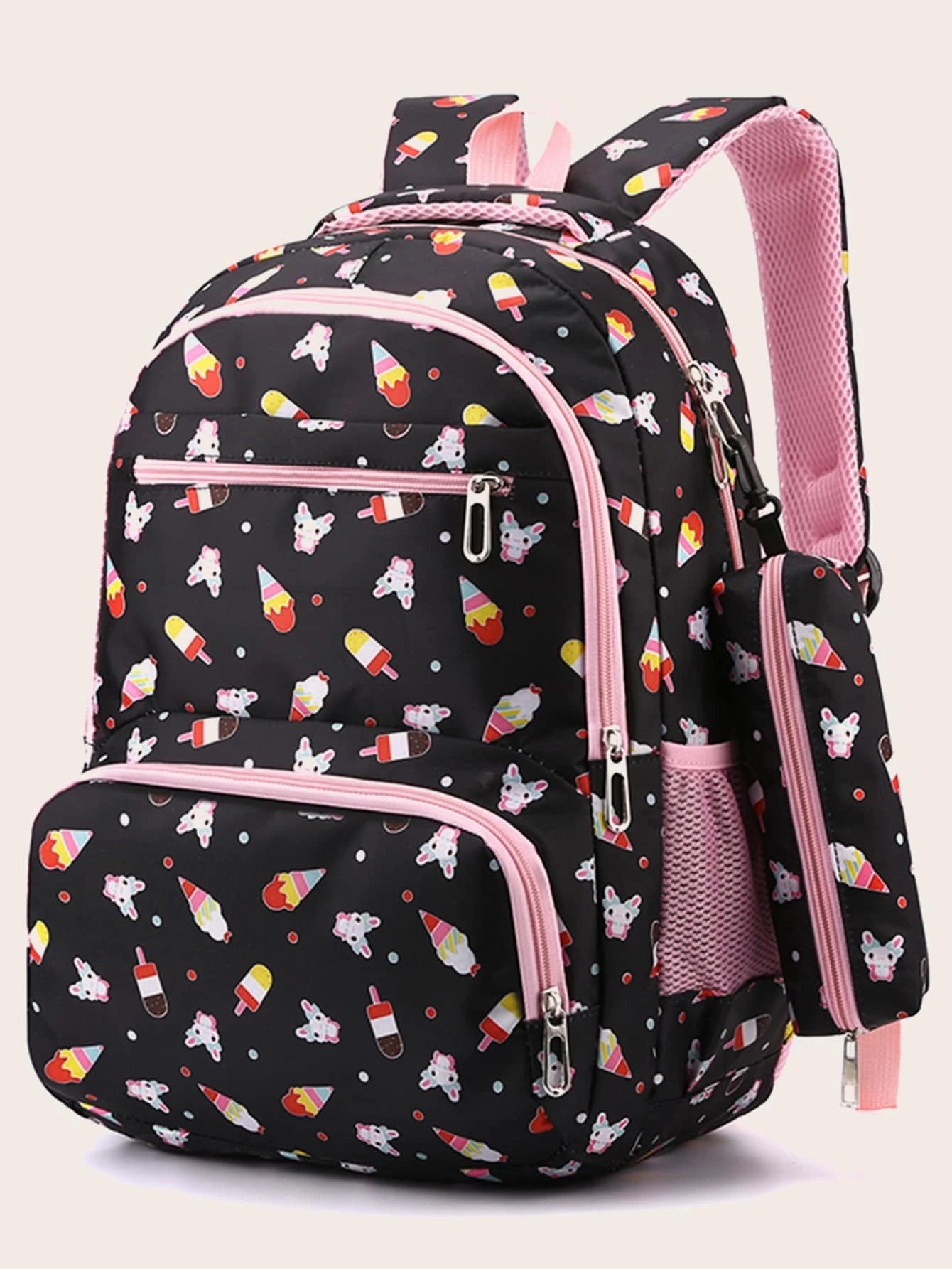 3Pcs Ice Cream Pattern Fashionable Backpack with Shoulder Bag and Coin Purse