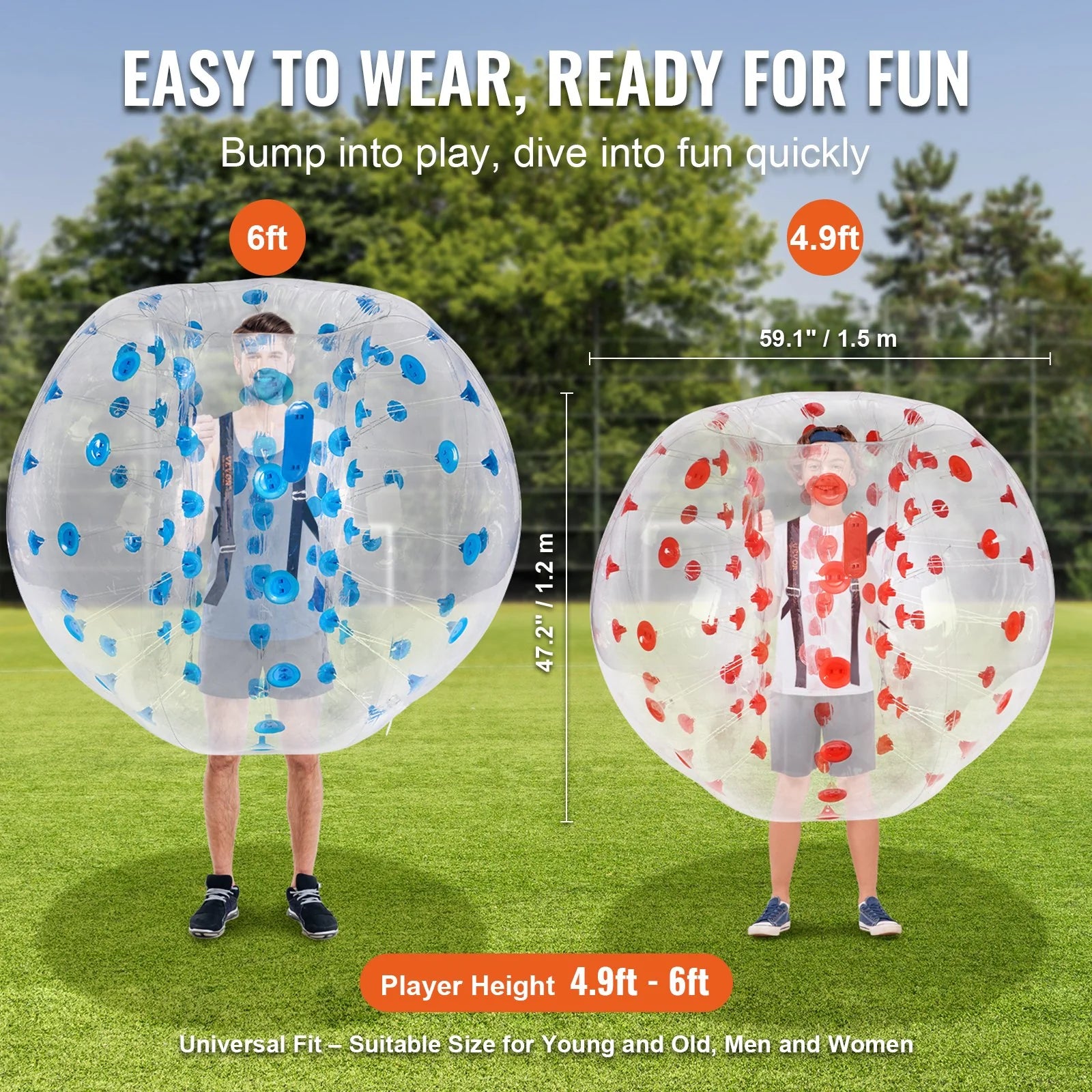 VEVOR Inflatable Bumper Balls 2-Pack, 5FT/1.5M Body Sumo Zorb Balls for Teen & Adult, 0.8Mm Thick PVC Human Hamster Bubble Balls for Outdoor Team Gaming Play, Bumper Bopper Toys for Garden, Yard, Park
