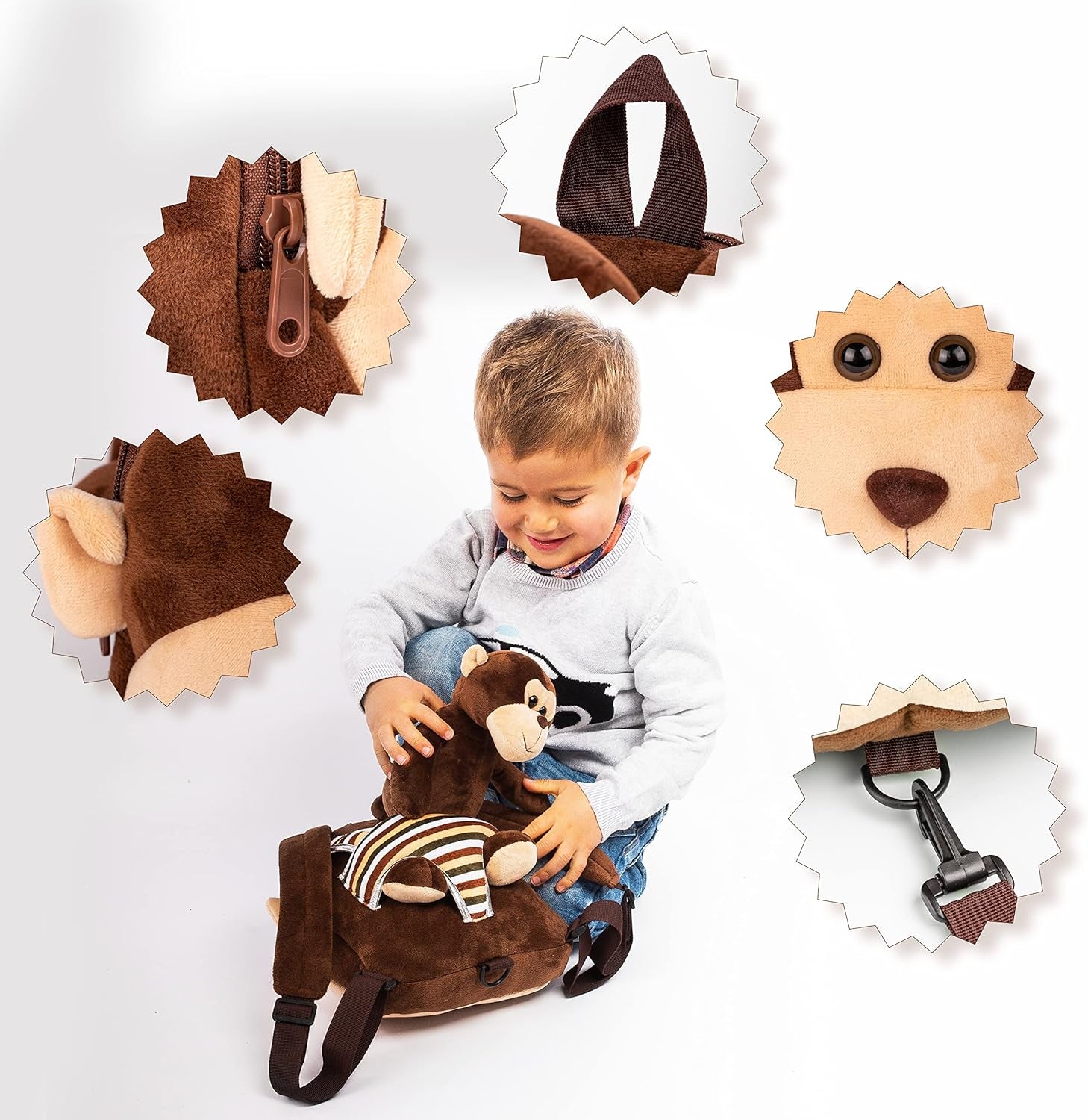 Cute Monkey Backpack with Leash Kids Stuffed Animal Backpack for Boys and Girls 2-5 Years Old with Plush Toy (Brown)