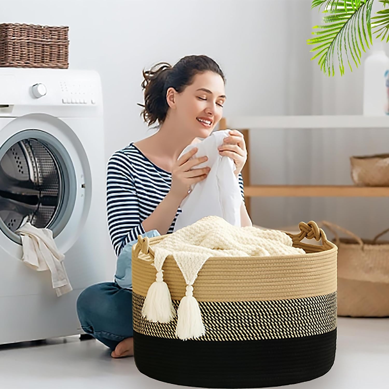 Large Blanket Basket (20"X13"),Woven Rope Baskets for Storage Baby Laundry Hamper, Cotton Rope Blanket Basket for Living Room, Laundry, Nursery, Pillows,Baby Toy Chest (Jute/Black)